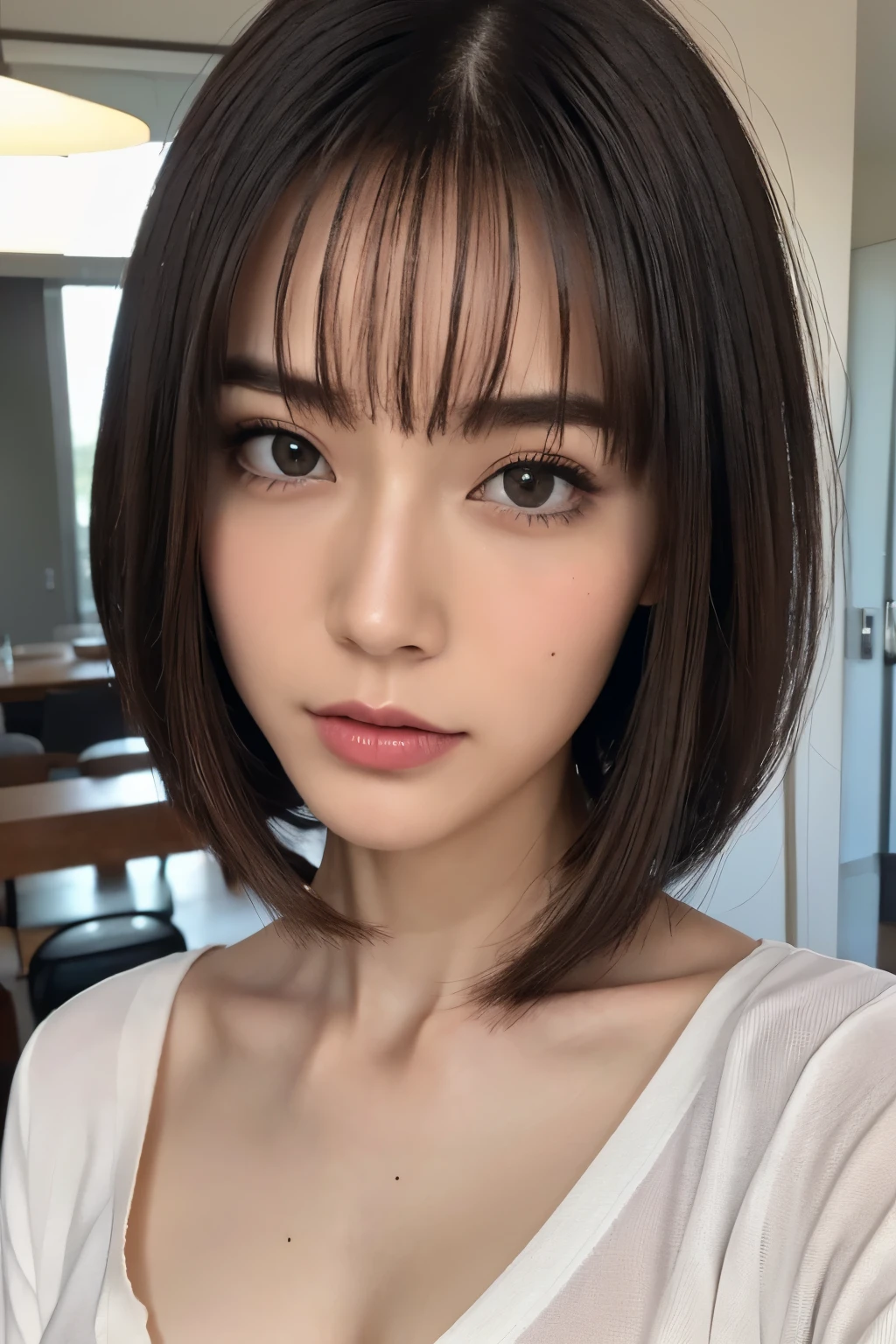 highest quality, 8k, masterpiece, 1 personの***, Slender figure, Beautiful Japanese Women, 1 person, ((Looking at the camera)), Shapely breasts, Random Hairstyles, short hair, Casual clothing, indoor, Highly detailed face, Highly detailed eyes, Highly detailed skin texture, V-neck shirt tied in front of chest