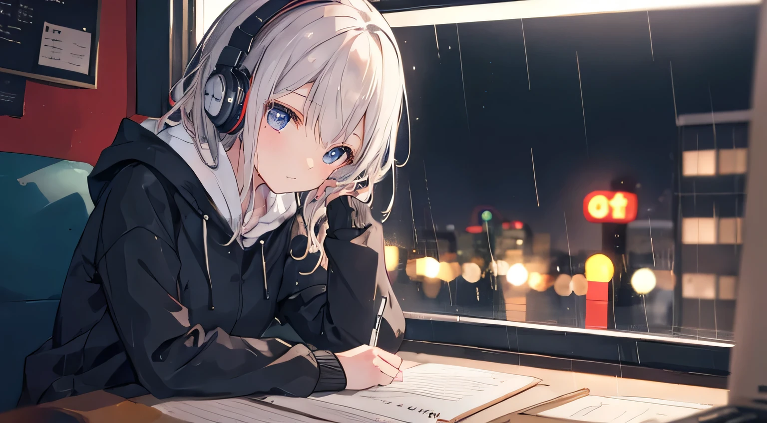 a girl studying in a cafe with headphones on night rain day, Looking at her notes, write, Calm, Chill, Wet day, warm, night, quiet, High resolution, Super sharp, 8k, masterpiece