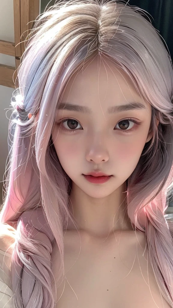 ((upper body)), 1girll,Light shines on the face, rosy lips, topknot, glowing eyes, hair bun, Surrealism, close-up, Sony FE GM, polar opposites, symmetry, UHD, masterpiece, super detail, high details, highres,pink silver hair,Small ,Are thin,A famous Korean idol singer with a rich voice,A famous Korean idol and beautiful dancer with advanced athletic ability,Eyes are narrow eyes,bright personality,The belly button the surrounding area are exposed,Flat ,Light pink nipples,