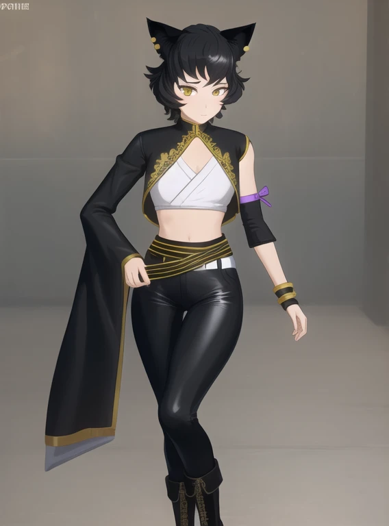 8k, highly detailed, kali belladonna, (Wearing: black crop-top, white belt, black leather pants, thick black boots), confused, looking at viewer, full body shot