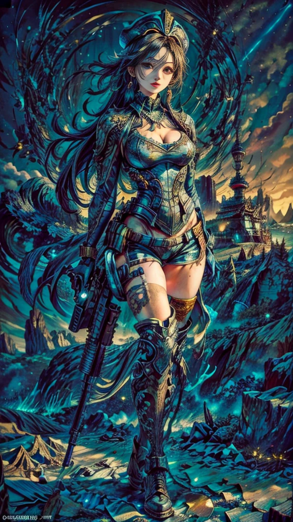 (Photographic:1.3, 16k, highest quality, masterpiece, Ultra-high resolution), Perfect dynamic composition:1.2, Highly detailed skin and facial textures:1.2, Covered in scars:1.2, (wilderness:0.5, base:0.6, Contrasting with the desolate background:0.7, Increase the disruptive element:0.7, Debris and impurities scattered around:0.7), (Dynamic action pose:1.0, Professional camera work:1.0, Aim with a gun:1.0), Beautiful Japanese women serving in the US military, Incredibly slim body, Fair skin, Very beautiful face, Stern expression, (Automatic rifle:0.7, Bulletproof vest:0.7, uniform:1.0, Backpack:0.7, boots:0.7), Shapely breasts, Chest gap, Big eyes that exude beautiful eroticism, Lips that exude beautiful eroticism, Cowboy Shot, necklace, Earrings, bracelet, Tattoo:0.5, military cap