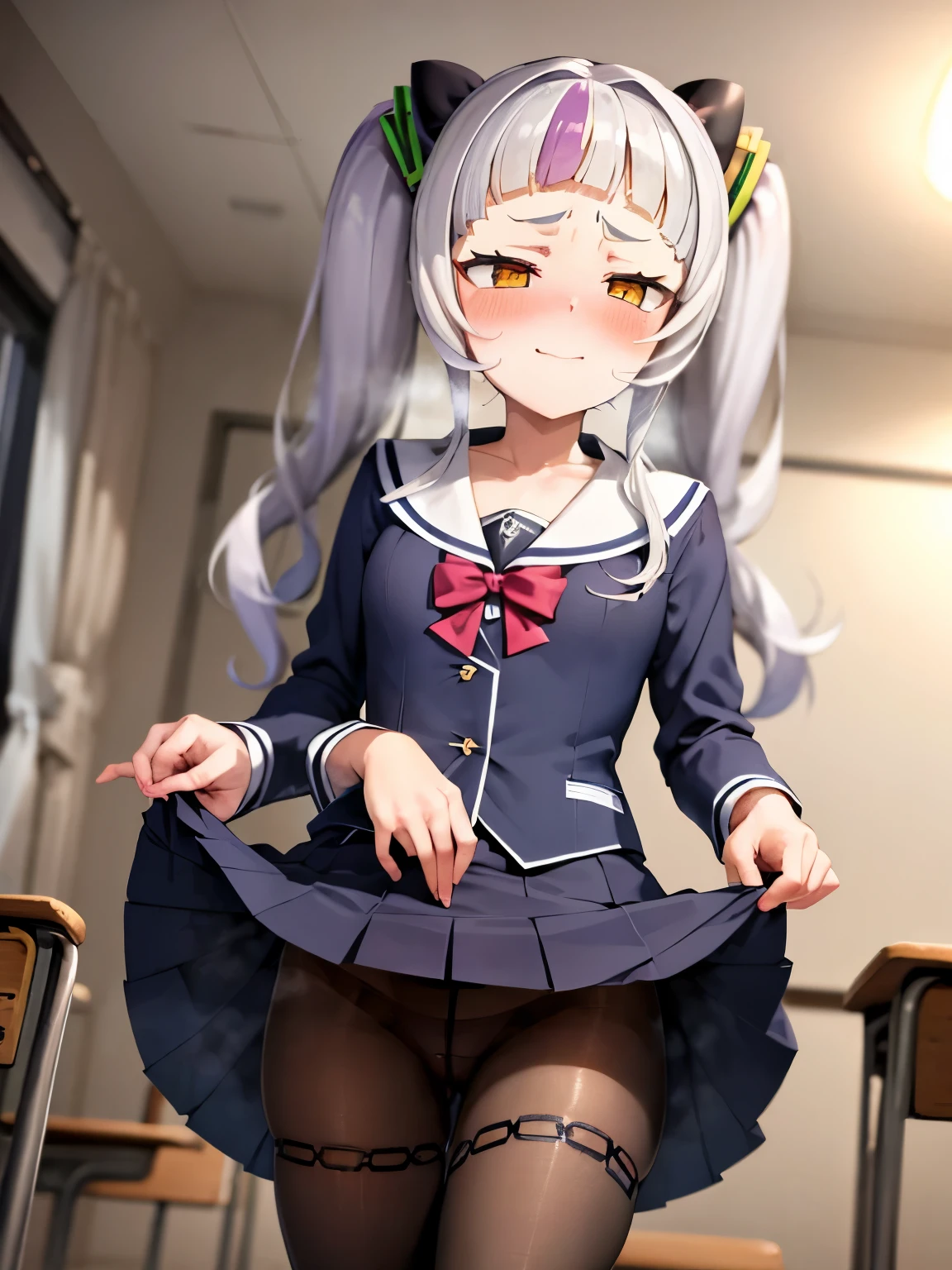 NSFW,Hololive,Shion Murasaki、1 female、Long Hair、Twin tails,hose,High-quality lingerie,Embarrassed,blush,(Perfect hands),(Perfect Anatomy),(masterpiece),(highest quality),Skirt Lift,School