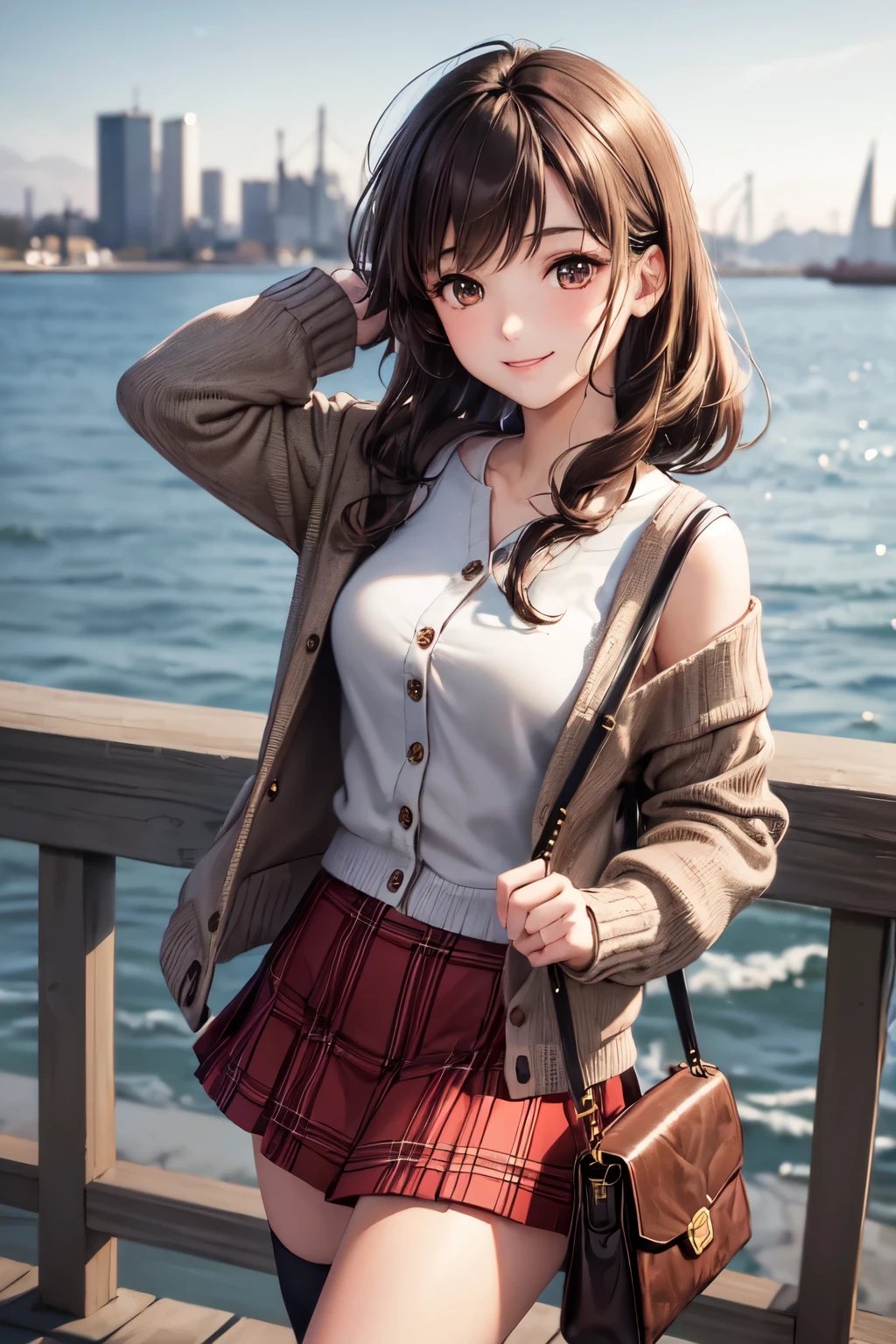 very cute and beautiful girl,teen,(highly detailed beautiful face and eyes),(gray blouse),(smile:1.2),
cowboy shot,(red cardigan:1.2),long sleeve BREAK zettai ryouiki,(brown shoulder bag),(plaid brown mini skirt:1.3),
walking,stylish pose,wavy hair,black hair,(black boots),
(Yokohama:1.2),(port town,cityscape overview:1.2),detailed landscape,
(best quality,masterpiece),absurdres,highres,ultra-detailed,extremely detailed,32k,8k resolution,
intricate details,cinematic scene,detailed background,solo,dynamic angle,
hair fluttering in the wind,beautiful detailed sky,
perfect hands,