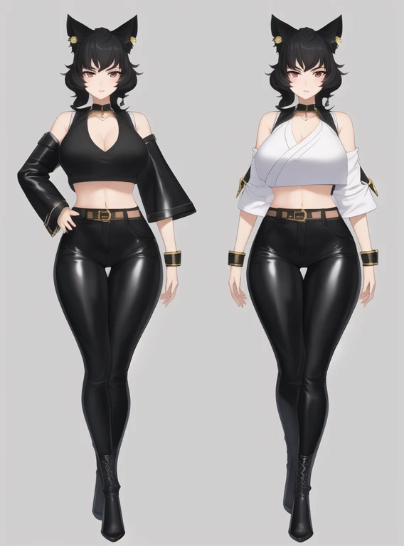 8k, highly detailed, kali belladonna, (Wearing: black crop-top, white belt, black leather pants, thick black boots), confused, looking at viewer, full body shot