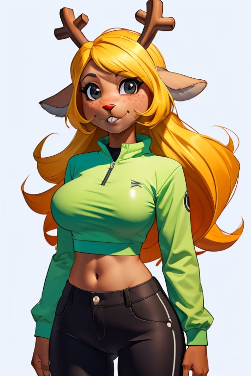 (noelle, noelle, furry female anthro, deer girl, black eyes, big breasts, midriff)