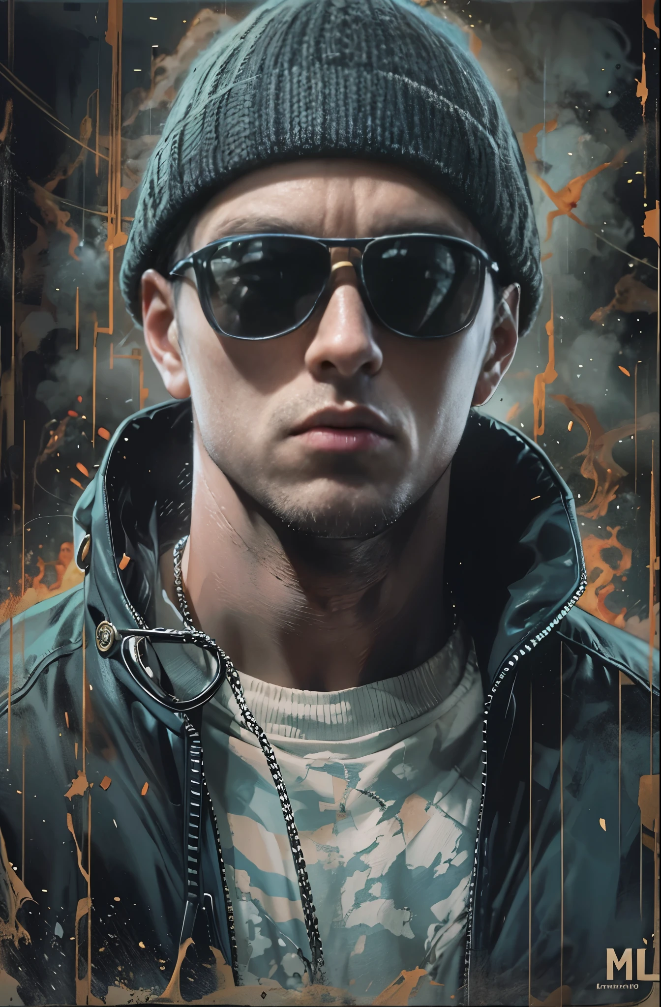 Painting of a white man wearing sunglasses, Dark Background, Knitted hat, Glory and failure, Cigarette in mouth, Eminem, King of Hip Hop, Charismatic Rapper, lose youqself, Award-winning films, top 6 best movie ever imdb list, imdb, 0 0 second movies, promotional Movie Posters, chris nolan movies, Movie Posters promo, Movie Posters, bestselling Movie Posters, top 6 worst movie ever imdb list, Eminem, Promoting the film, Cool Street Fashion, King of the Streets, Check it out, Ultra-detailed paintings inspired by Wow, Art Station Trends, Fantasy art, A complex mess, The art of hitting, Wallop Art, Wow |, Wallop Style, Beautiful character drawings, Urop&#39;s painting style, Wow | The buds of art, Unparalleled Beauty Tumbler, Figurative art, Intense oil painting, Detailed monochrome art, Surreal, Avant-garde pop art, Beautiful and expressive paintings, Beautiful artwork illustration, Very dark tones, wonderful, Super Cool Guy, masterpiece, highest quality, Official Art, Men only, Sharp contours, Best Shot, Vector art, Dark Design, Close-up