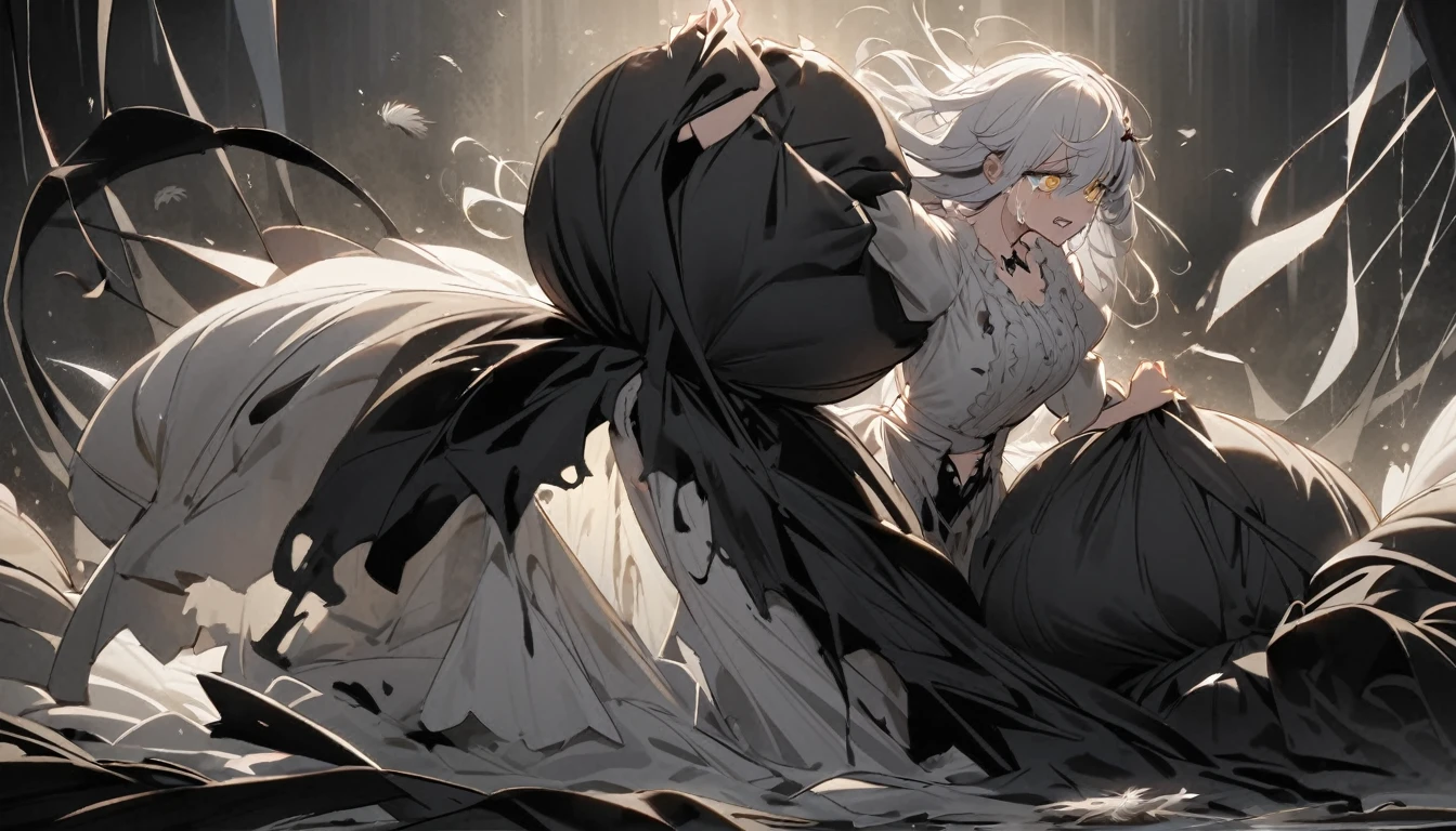 A woman, flowing white hair, melancholy eyes, yellow pupils, black diamond-shaped hairpin, A woman is cutting up a Tattered super huge black silk cushion with scissors in a dirty way. Tiny feathers are dancing, crying