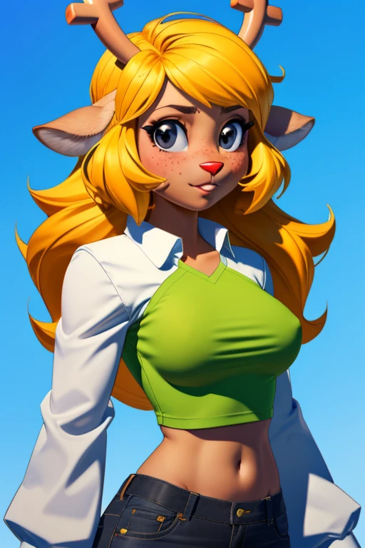 (noelle, noelle, furry female anthro, deer girl, black eyes, big breasts, midriff)