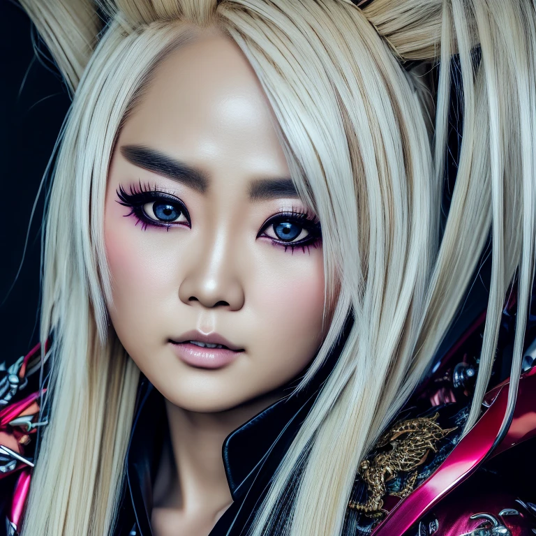 1 Japanese rocker, female, Asian eyes, dragon, hairstyle in Visual Kei style, hair Visual Kei, outfit rocker,  ultra-detailed face and eyes, hyper-realistic, realistic representation, 30 years old, age 30 years, full body,  blonde hair 