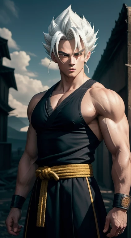 A true masterpiece of masculine beauty. gohan, super sayagin 5, 20 years old, Wears a martial arts outfit and fights in a haunted and abandoned city, solo. Moonlight accentuates muscles just right. The landscape is lush and mysterious, with a dark city. The camera details everything. When looking at beautiful eyes, attractive blue eyes facing the viewer, one can clearly see every small detail, every perfect line, every detail of beautiful 8K quality skin, everyone is captivated by the beauty. Confidence radiates from every look. His head has white hair and his face is meticulously detailed in 8K quality images. Is a character in the Dragon Ball Seven series.​