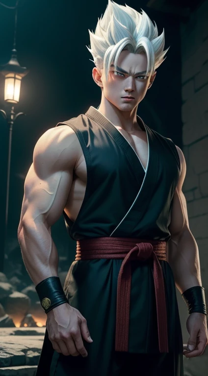 A true masterpiece of masculine beauty. gohan, super sayagin 5, 20 years old, Wears a martial arts outfit and fights in a haunted and abandoned city, solo. Moonlight accentuates muscles just right. The landscape is lush and mysterious, with a dark city. The camera details everything. When looking at beautiful eyes, attractive blue eyes facing the viewer, one can clearly see every small detail, every perfect line, every detail of beautiful 8K quality skin, everyone is captivated by the beauty. Confidence radiates from every look. His head has white hair and his face is meticulously detailed in 8K quality images. Is a character in the Dragon Ball Seven series.