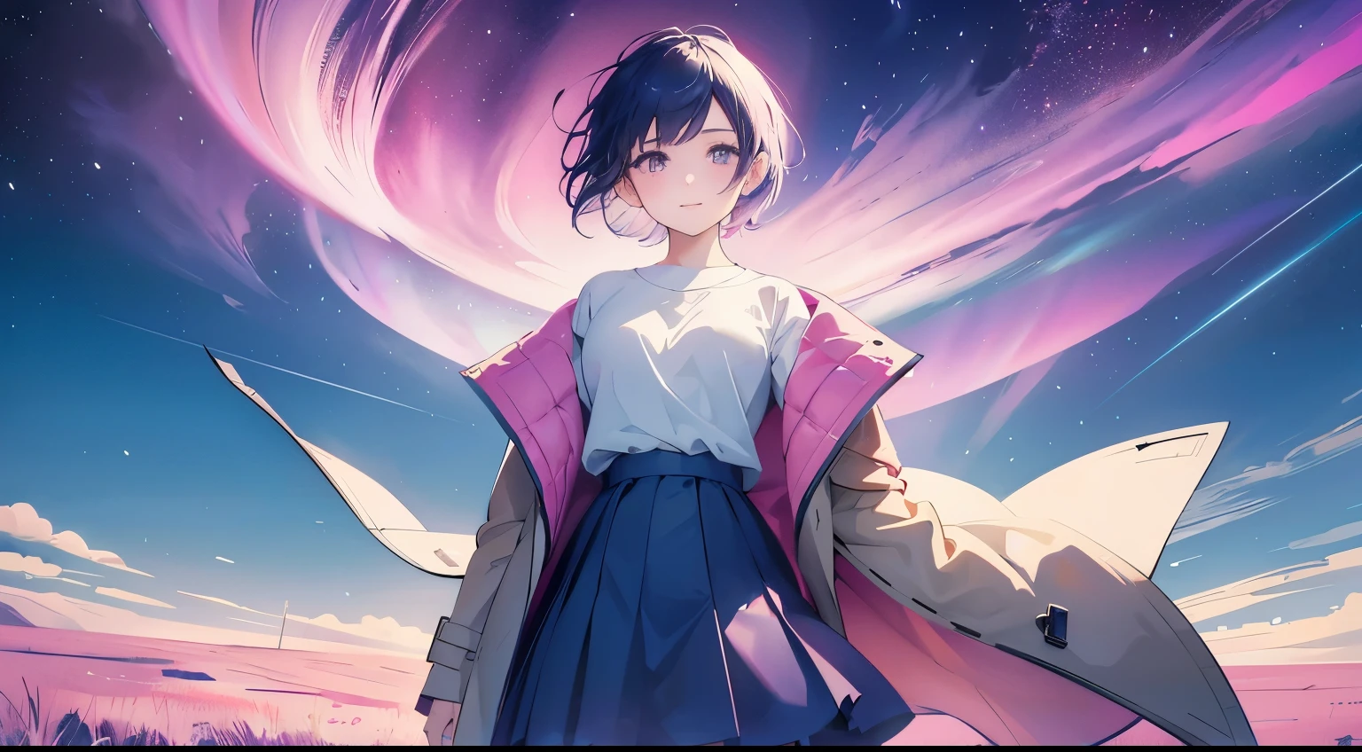 One girl, a masterpiece (1.3) of the highest quality (1.3) and exceptional detail (1.3), with the finest face, stands outdoors at night. She is a beautiful girl with white skin, looking back, wearing a khaki mod coat, a blue skirt, and a white T-shirt. With a short cut and navy hair, she stands beneath a pink and purple sky, amidst a scene of magical realism, resembling a beautiful anime moment, against the backdrop of the universe. The details are enhanced with perfect precision. A blubbering smile, a cowboy shot, and the aurora adorn this image of the girl in her khaki mod coat, blue skirt, and white T-shirt.