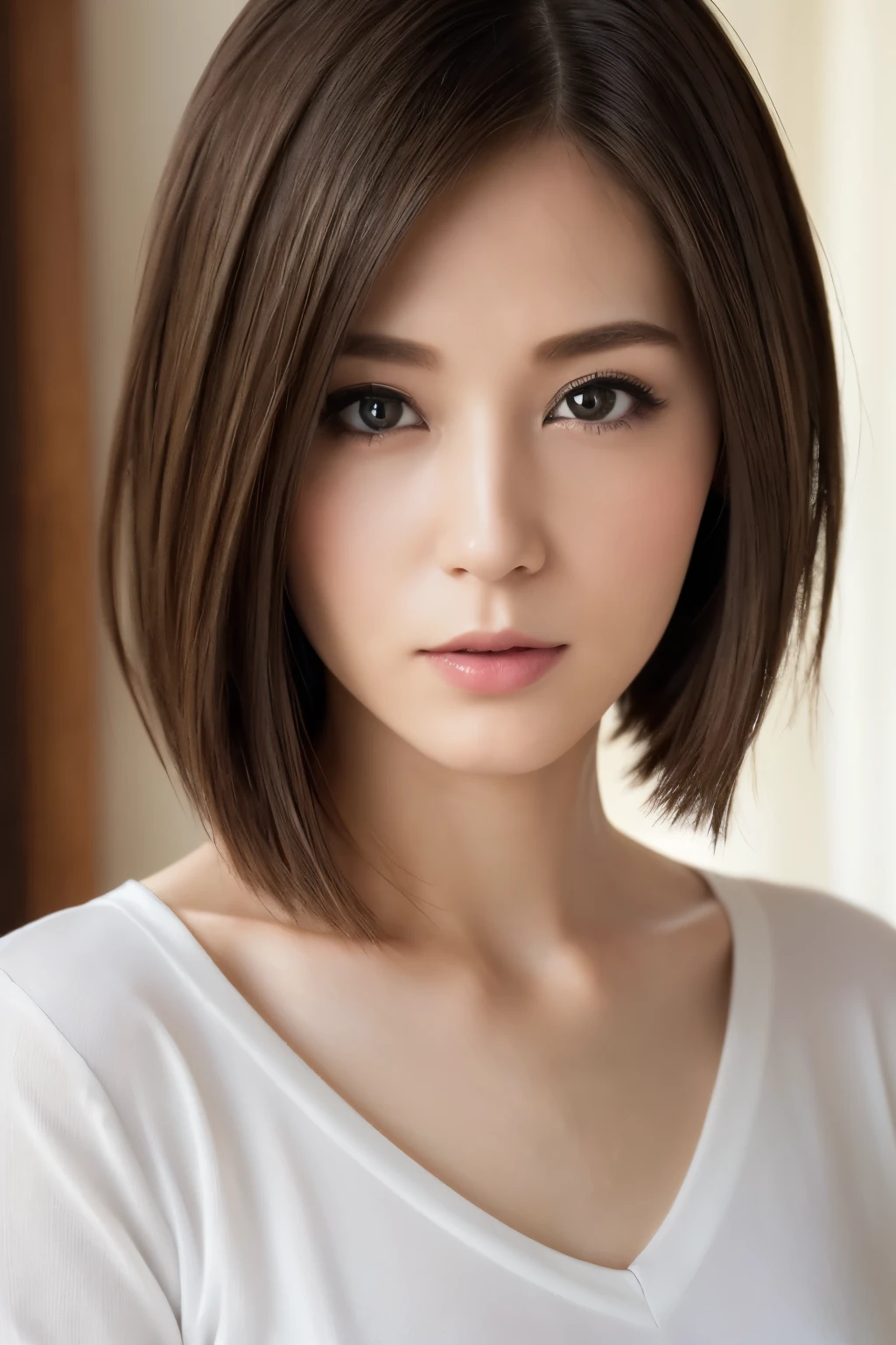 highest quality, 8k, masterpiece, 1 personの女の子, Slender figure, Beautiful Japanese Women, 1 person, ((Looking at the camera)), Shapely breasts, Random Hairstyles, short hair, Casual clothing, indoor, Highly detailed face, Highly detailed eyes, Highly detailed skin texture, V-neck shirt tied in front of chest