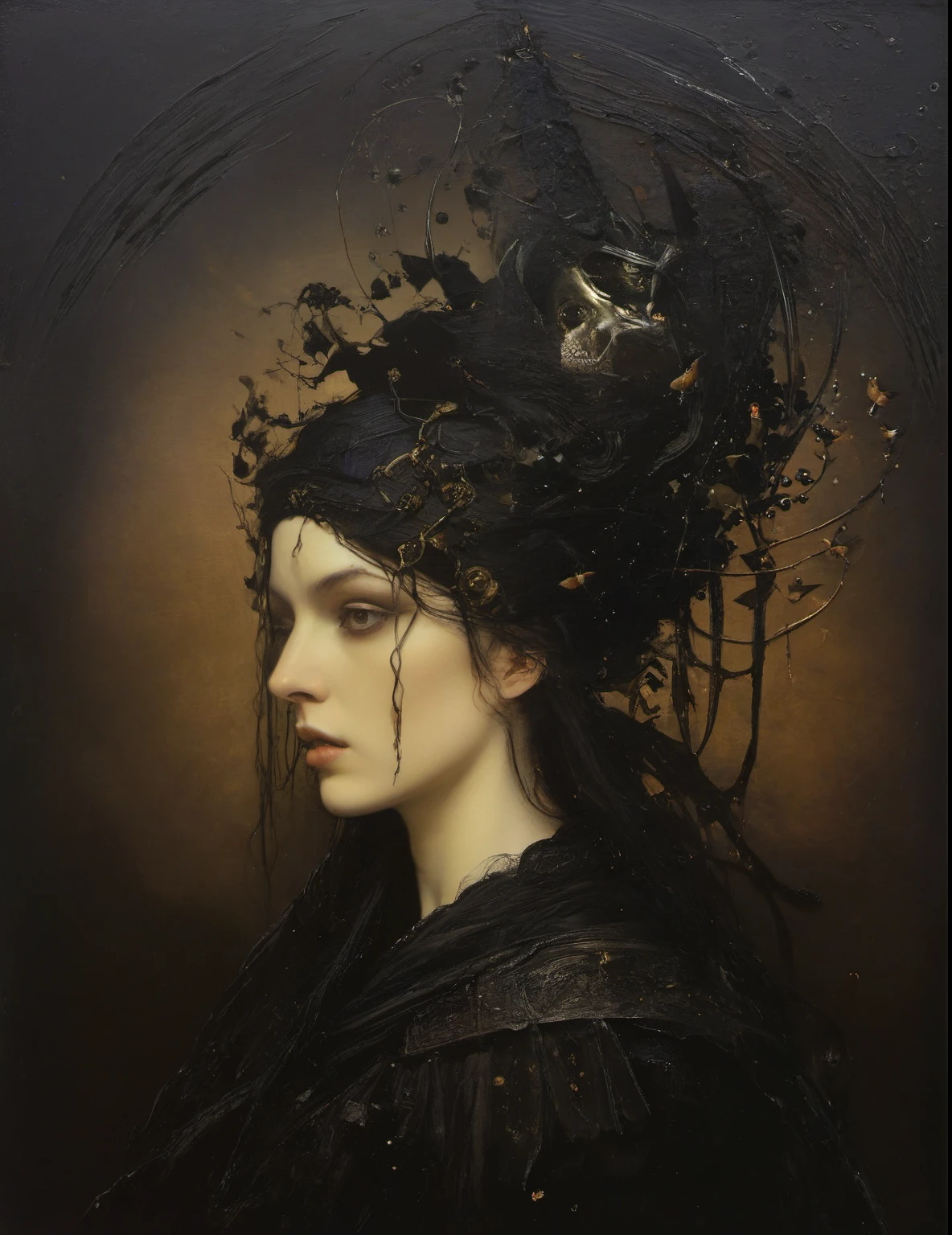 James Gurney, Surrealist art , dream-like, Mysterious, Provocative, symbolic, Complex, detailed,, (Gothic but very beautiful:1.4), (masterpiece, highest quality:1.4) , Nicola Samori Style, Athena