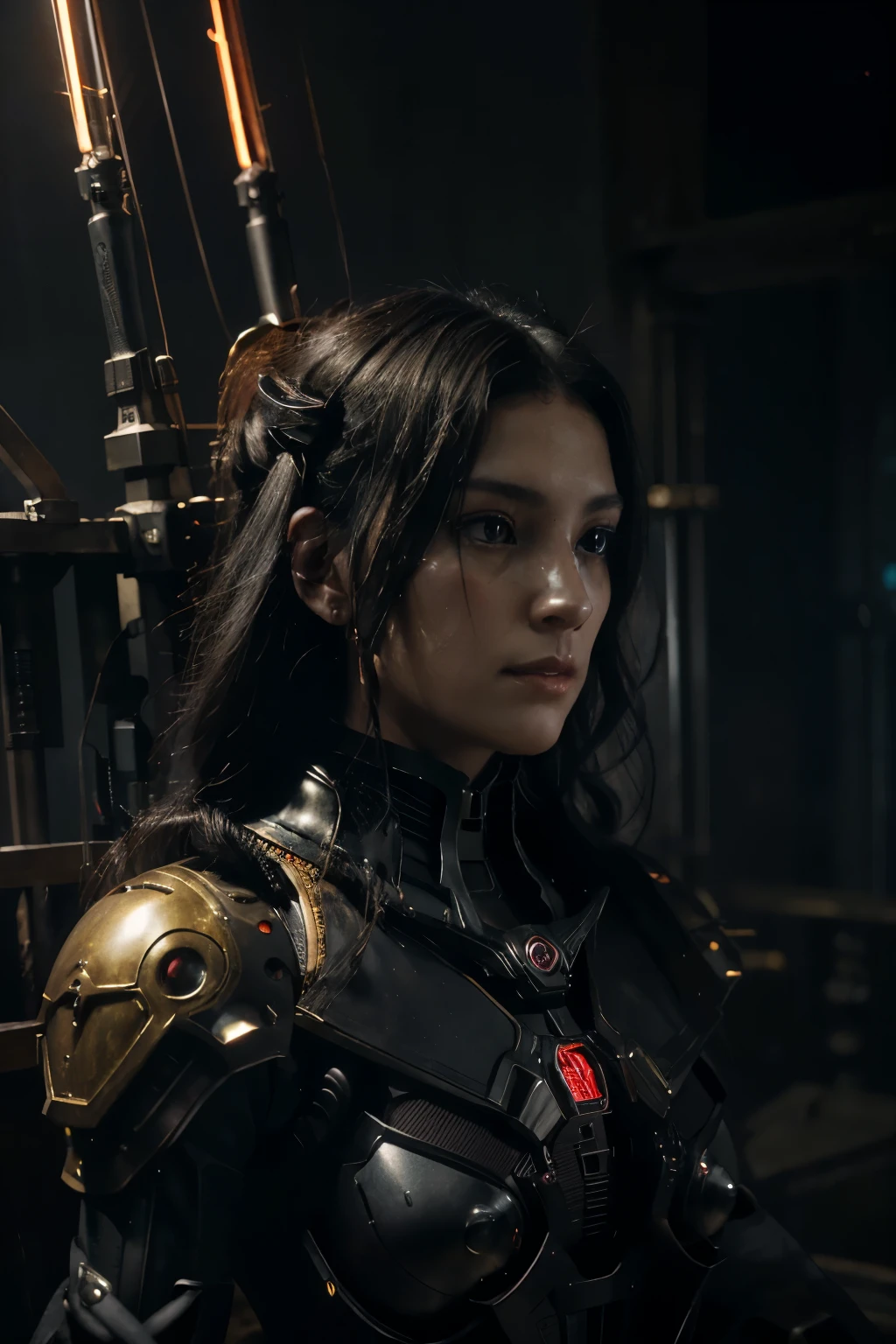  (realistic:1.2) HD, High quality, Cinematic lighting, wide angle, shallow focus, Caravaggio, Chiaroscuro, Gundam style. Dark, cosmic horror, psychedelic. Ancients, Gods, Esoteric, ominous, alien. Beautiful and Elegant Goddess, clear dragonfly wings. Fantastic grey hair. Black, Red, and Royal Green Military-styled multilayered bio-mechanical paneled armor. Subtle red and yellow neon light emanates from beneath some of her biomechanical parts. (pneumatic pistons, wires, and components:1.3), Atmospheric (glowing:1.2), nebulous, hazy, dark misty atmospheric background,