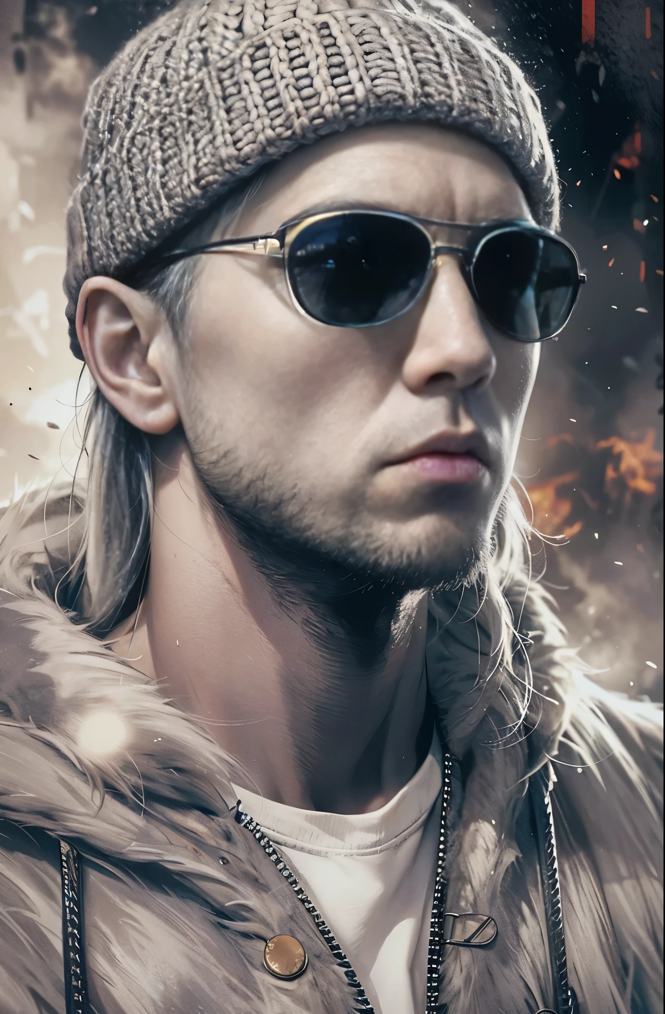 Painting of a white man wearing sunglasses, Dark Background, Knitted hat, Glory and failure, Cigarette in mouth, Eminem, King of Hip Hop, Charismatic Rapper, lose youqself, Award-winning films, top 6 best movie ever imdb list, imdb, 0 0 second movies, promotional Movie Posters, chris nolan movies, Movie Posters promo, Movie Posters, bestselling Movie Posters, top 6 worst movie ever imdb list, Eminem, Promoting the film, Cool Street Fashion, King of the Streets, Check it out, Ultra-detailed paintings inspired by Wow, Art Station Trends, Fantasy art, A complex mess, The art of hitting, Wallop Art, Wow |, Wallop Style, Beautiful character drawings, Urop's painting style, Wow | The buds of art, Unparalleled Beauty Tumbler, Figurative art, Intense oil painting, Detailed monochrome art, Surreal, Avant-garde pop art, Beautiful and expressive paintings, Beautiful artwork illustration, Very dark tones, wonderful, Super Cool Guy, masterpiece, highest quality, Official Art, Men only, Sharp contours, Best Shot, Vector art, Dark Design, Close-up