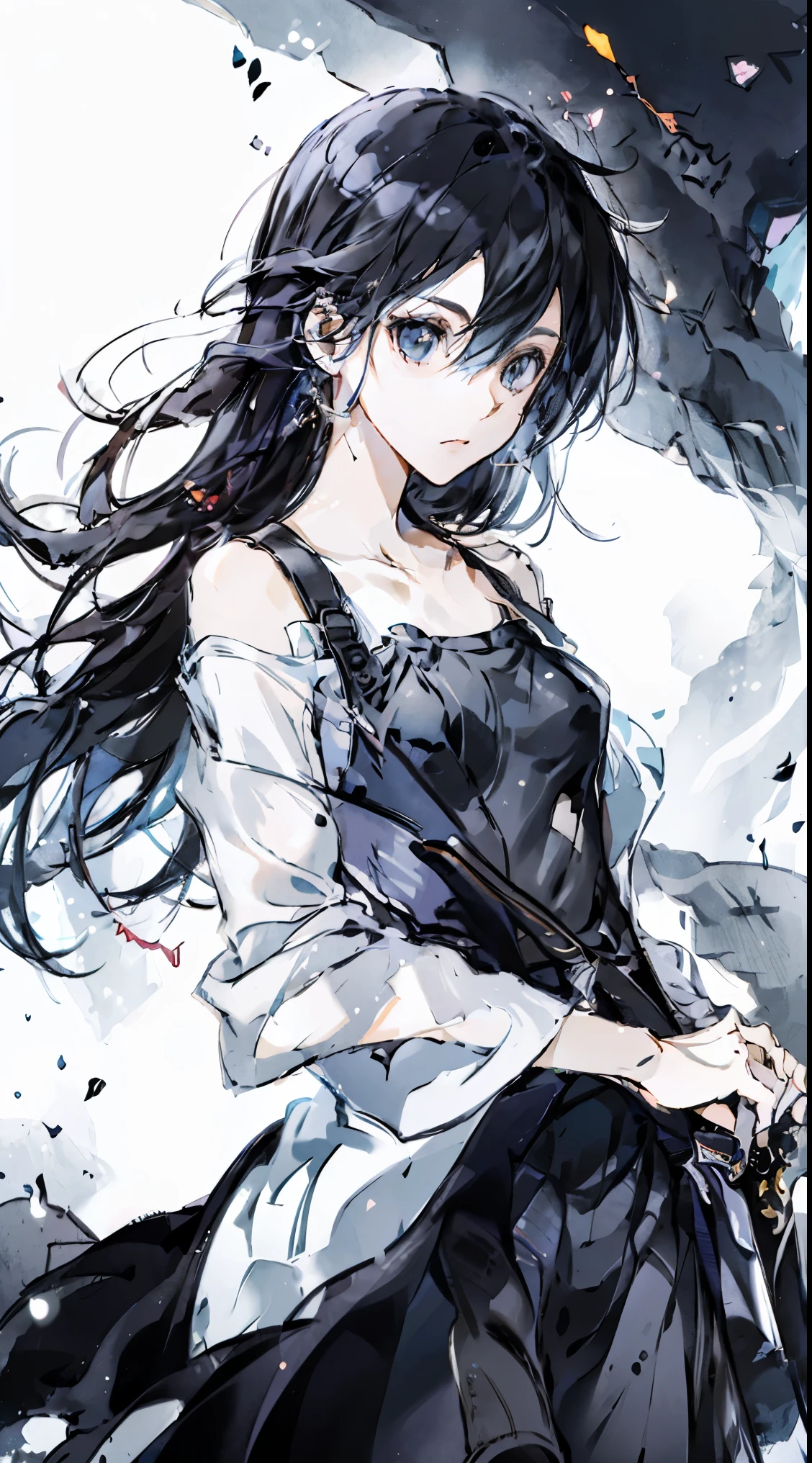 28 years old、Black tousled hair、precision 6 string Acoustic Guitar:1.2、Anatomically correct fingers、Acoustic Guitar、Only 1 guitar、Please look straight ahead and sing、(Turn your face forward:1.2)、swimsuit，Female Kirito，Long hair，White Silk