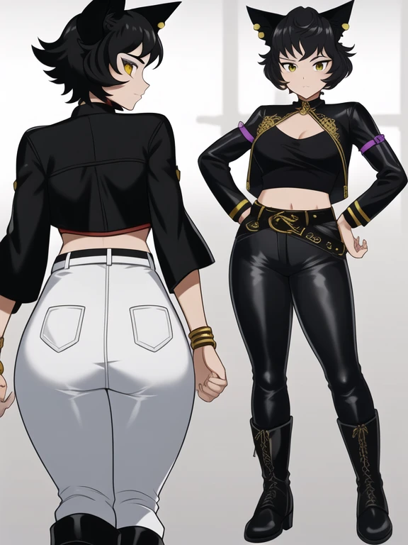 8k, highly detailed, kali belladonna, (Wearing: black crop-top, white belt, black leather pants, thick black boots), confused, looking at viewer, full body shot