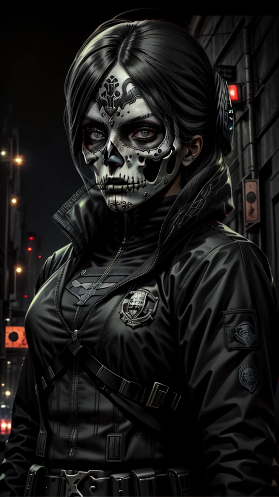 Tactical uniform girl, in black, with weapons, skull mask. female hitman. Black hair. skull mask, night city background 