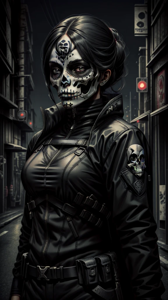 Tactical uniform girl, in black, with weapons, skull mask. female hitman. Black hair. skull mask, night city background 