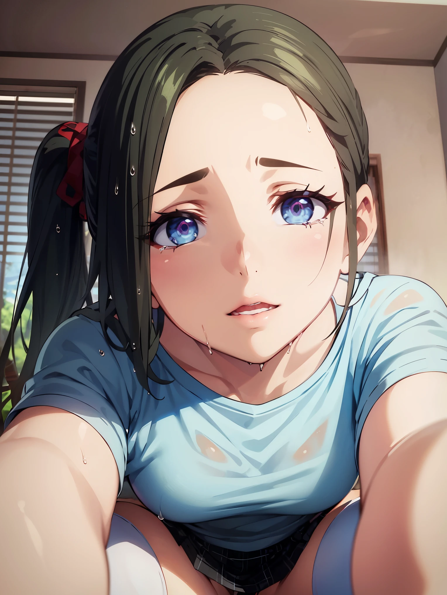 deep skin,textured skin, long hair, black hair, blue eyes, ponytail, highres:1.0), haruhiko_ichijou, makeup, purple lipstick, purple eyeshadow, beautiful face, hyperdetail face,
BREAK ((shiny skin, wet skin:1.2), sweating,, white shirt, plaid skirt, thighhighs:1,2)
BREAK Spread your legs，Kneeling，weeping，Body plumpness,
BREAK (masterpiece:1.2), best quality, high resolution, unity 8k wallpaper, (illustration:0.8), (beautiful detailed eyes:1.6), extremely detailed face, perfect lighting, extremely detailed CG, (perfect hands, perfect anatomy),