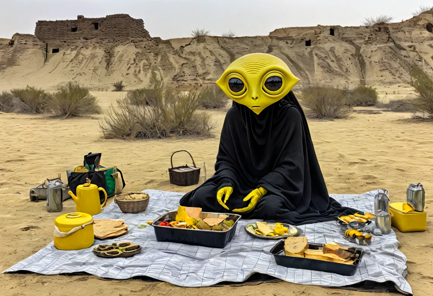 ((Strict geometry with clear lines and smooth edges)), Desert, sand, dry grass, green clearing, picnic, ((gray thin and tall aliens with big heads and yellow big eyes at a picnic)), gray fire, ruins, dryness, mirage, heat, antiquity, mystery, minimalism, charcoal, clarity, palette of yellow and black colors, modern art, in detail, avant-garde, illusion, surrealism, volume, ((graphite and charcoal)), ((strokes and dashes)), ((crunch and rustle)), ((precious stones))