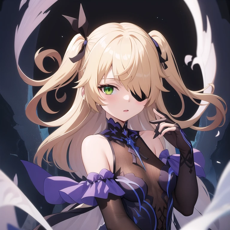 ((masterpiece)),(best quality),official art,extremely detailed CG,unity 8k wallpaper,ultra detailed,A lighthouse on a cliff by the sea,1girl,solo,upper body,(portrait:1.2),looking at viewer,eyepatch,green_eyes,blonde_hair,long_hair,two_side_up,garter_straps,black_footwear,boots,bare_shoulders,purple_bow,bodystocking,single_thighhigh,single_leg_pantyhose,hair_over_one_eye,small_breasts,asymmetrical_legwear,hair_ribbon,bridal_gauntlets,fishnets,detached_sleeves,single_glove,black_thighhighs,bangs,dress,