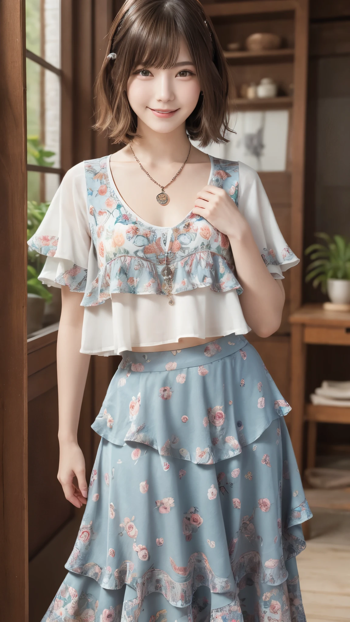 1girl,best quality,masterpiece,illustration,an extremely delicate and beautiful,CG,unity,8k wallpaper,Amazing,finely detail,masterpiece,official art,extremely detailed CG unity 8k wallpaper,incredibly absurdres,huge filesize,ultra-detailed,highres,extremely detailed,beautiful detailed girl,realistic,flower sea,(Bohemian_printed_top:1.4),(Flowy_maxi_skirt:1.3),(Layered_necklaces:1.2),, random dynamic cute pose , shy smile