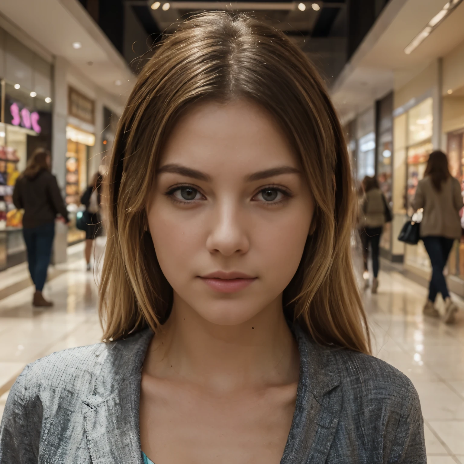 Blonde walking in the mall, stores in the background. The image should show radiant beauty and convey an aura of serenity and introspection. Cinematic quality painting, colorful, with vibrant and well-defined colors, exceptional 8K colors, highlighting every detail, revealing the perfection of the character's facial expression.