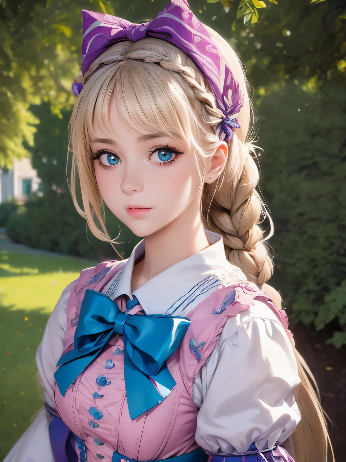 1girl, masterpiece, best quality, 8k, detailed skin texture, detailed cloth texture, beautiful detailed face, intricate details, ultra detailed, Alice in Wonderland, (a bow on her head:1.1), upper body