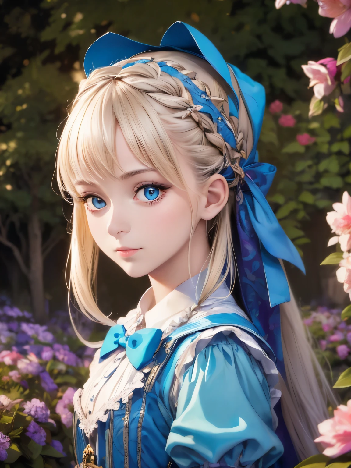 1girl, masterpiece, best quality, 8k, detailed skin texture, detailed cloth texture, beautiful detailed face, intricate details, ultra detailed, Alice in Wonderland, (a bow on her head:1.1), upper body