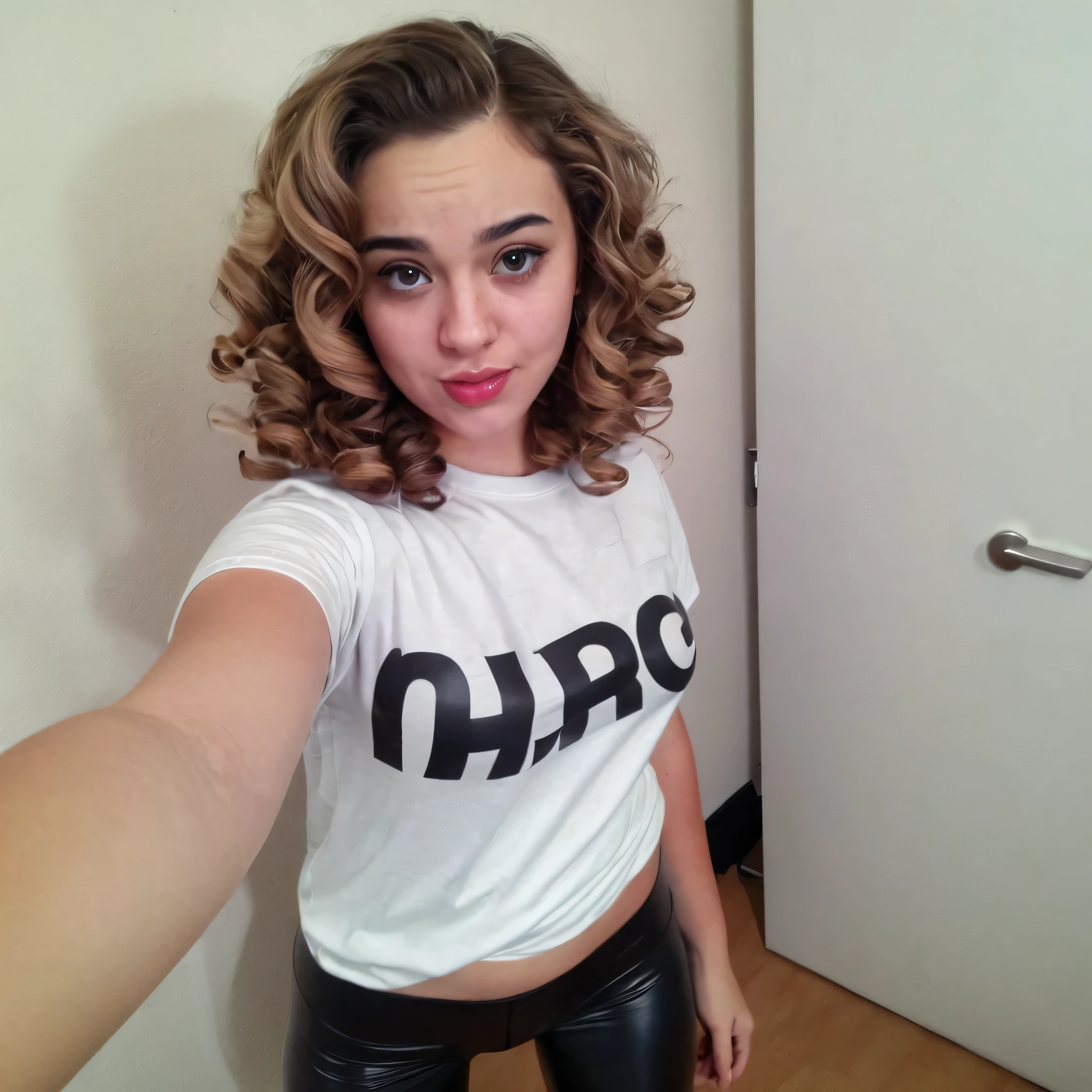  woman in PVC leggings and an white oversize tshirt curled selfie 