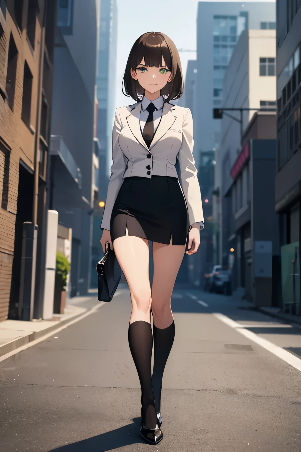 1girl, anime woman, tall girl, office clothes, white long sleeve blazer, black office skirt, black thigh high socks, white heels, green eyes, short brown hair with bangs, very long side bangs, walking forward, evil smile, neutral eyebrows, calm, evil eyes, side bangs reaches her shoulders, light brown hair, white blazer, coffee brown hair