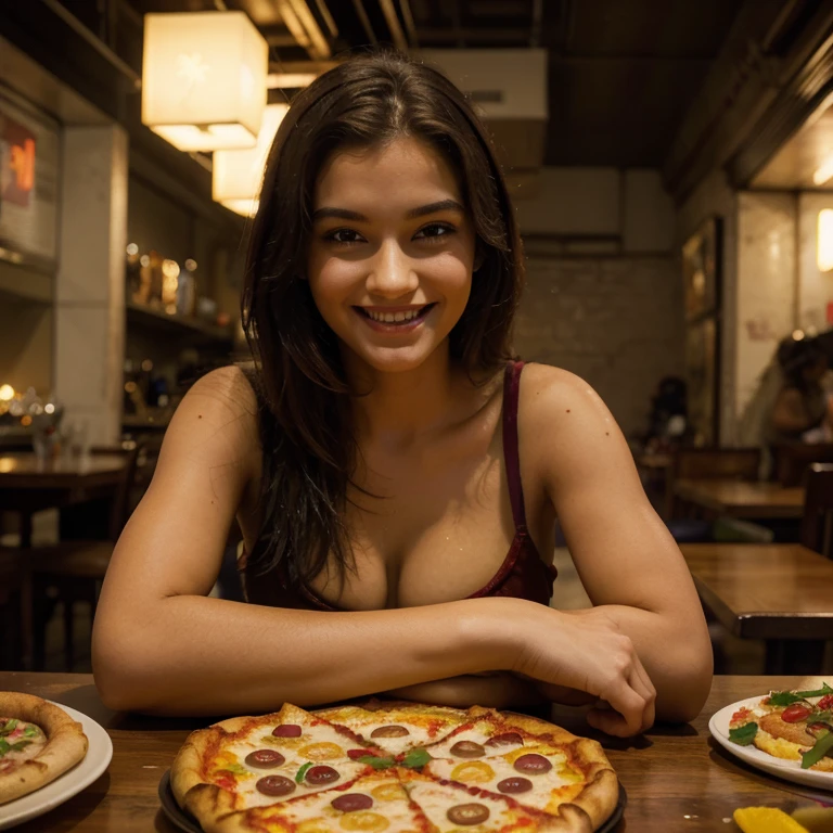 Cuisine, A smiling woman wears a dress made of pizza as she lays on a table, rich deep colors, intricate artwork, masterpiece, vibrant, ultra high quality model, improve eyes, cinematic, 4k, epic, sharp focus, 4k resolution blade runner
