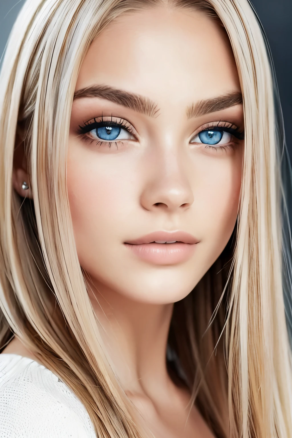 hermosa chica, blue_eyes, ((beautiful and slim 18 year old teenager, cabello color [marrón highlights cabello], [duendecillo recortado] cabello)), pendientes, labios, realista, cintura estrecha, encantador, pink lipstick, maquillaje colorido, long eyelashes, pendientes, usando delineador de ojos, piel blanca, (hermoso), (cara detallada), ojos azules claros detallados, iris detallado, light brown hair with light blonde tones , senos grandes, cuerpo entero 