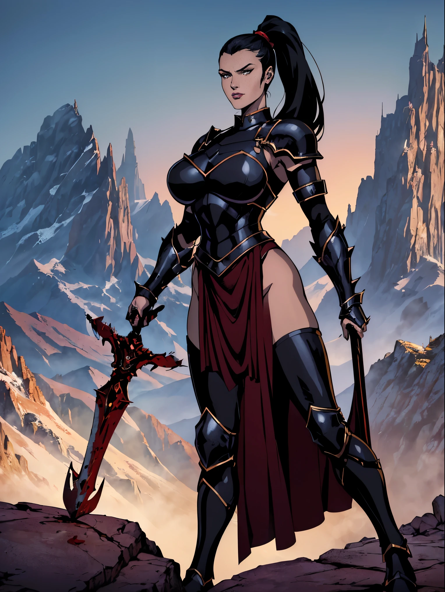 (masterpiece, top quality, best quality, official art, beautiful and aesthetic:1.2), (1girl:1.3), ((Sharp facial features, sharp features, hawkish features)), ((big hair, long black hair, ponytail)), big tiddy chaos warrior girl, extremely detailed, portrait, looking at viewer, solo, (full body:0.6), detailed background, full-body shot, (hot desert mountain theme:1.1), chaos warrior, (spiky helmet), charlatan, smirk, mysterious, swaying in mountains, armor, red metal, brass trim, long boots, dual axes, blood red fabric, pelvic curtain, loincloth, black leather, ((((heavy armor, blood, armored, gigantic breasts, long legs, pelvic curtain, toned, muscular)))), cute belly button, toned tummy, slim waist, slim hips, long legs, medieval (mountain exterior:1.1) background, dark mysterious lighting, shadows, magical atmosphere, dutch angle