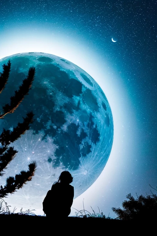 highest quality,Big moon and shadow,A silhouette of a person can be seen against the backdrop of a large moon.,There is one full moon,There is a mood,Beautiful scenery,Starry Sky