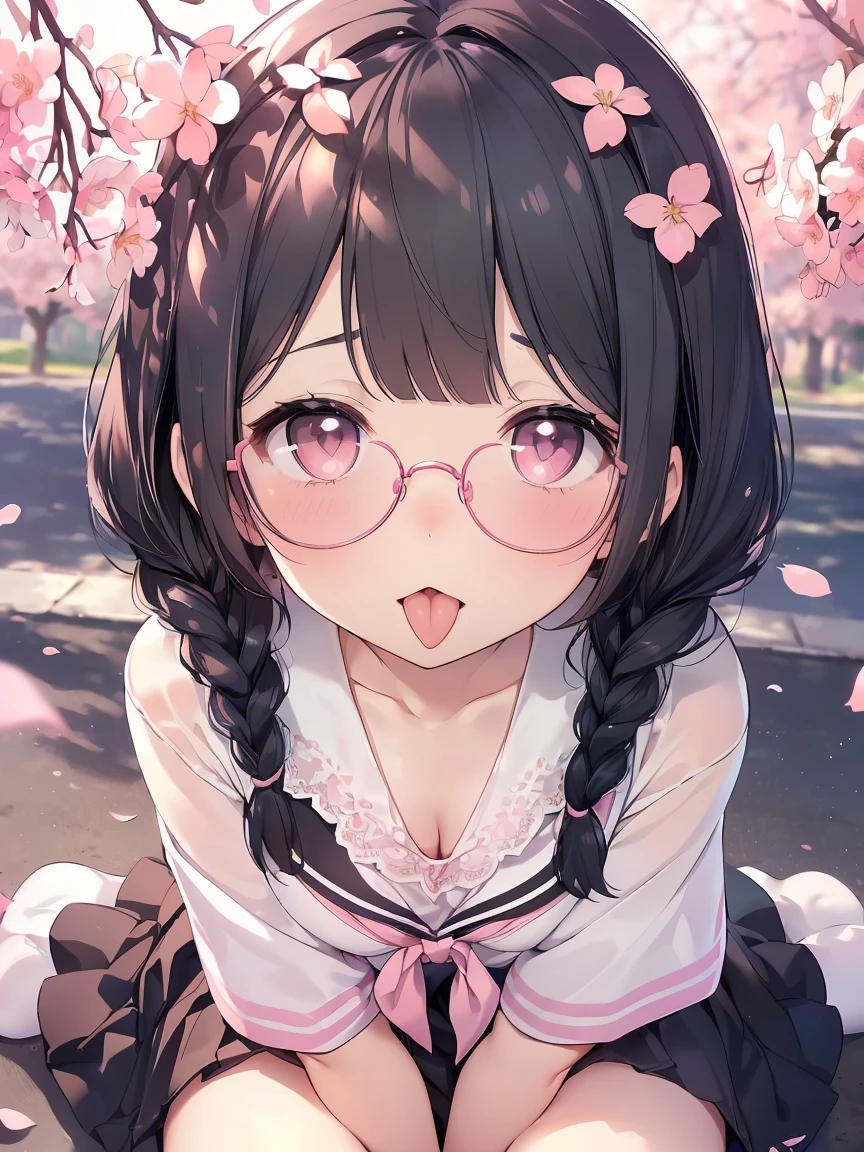 Very detailed, highest quality, High resolution, Moe Anime, ((A cute elementary school girl with black hair and droopy eyes)), ((Wearing large round glasses:1.4)), (Baby Face), Cute eyes, Detailed eye depiction, Sparkle in the eyes, View your viewers, Pale skin, (Big eyes:1.4, Droopy eyes:1.4, Fatty face:1.4), smile, Focus on the face, In the park with cherry blossoms falling, Sitting, (Extreme close up of tongue), (((From above))), Open your mouth, (((Face only:1.3))), ((Pink lace lingerie)), Bright Eyes, Light from the front, (Put your hands between your legs:1.4), large and long tongue, Cleavage, Braided hairstyle, Pink ribbon