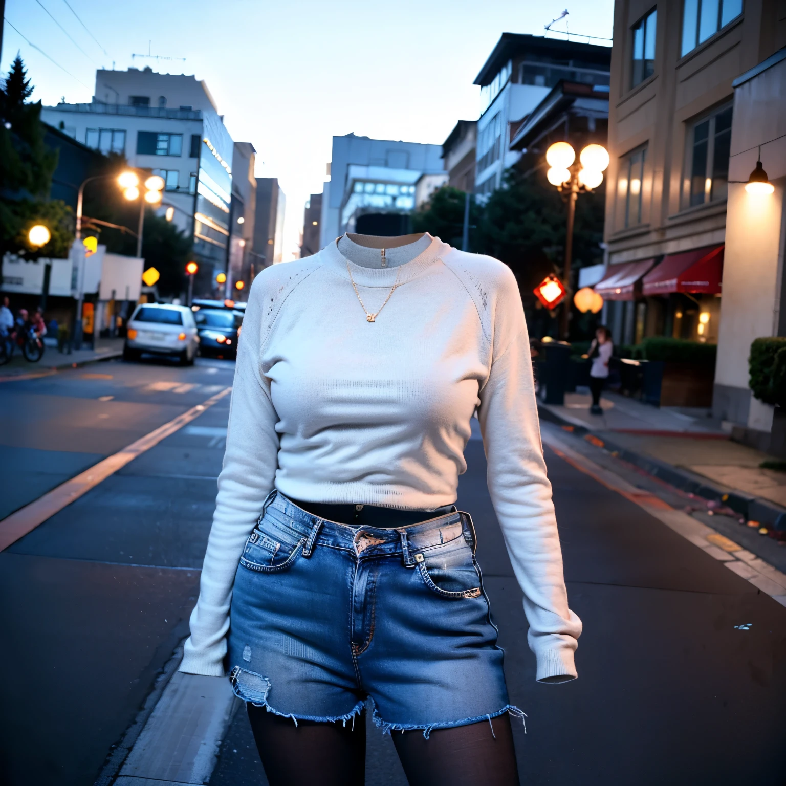 sweater, denim shorts, tights, cute big breasts, (invisible, no human, headless, handless:1.5), (8k, RAW photo, best quality, masterpiece:1.2), (realistic, photo-realistic:1.37), photon mapping, radiosity, ((Hasselblad photography)), physically-based rendering