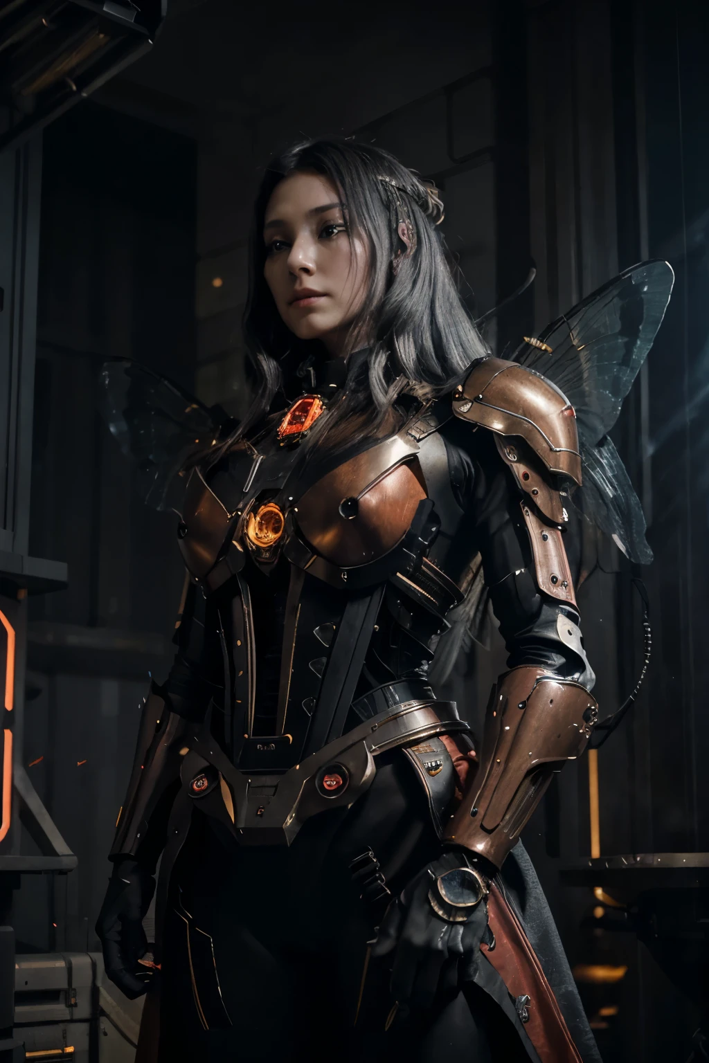 (realistic:1.2) HD, High quality, Cinematic lighting, wide angle, shallow focus, Caravaggio, Chiaroscuro, Gundam style. Dark, Cosmic horror, psychedelic. Ancients, Gods, Esoteric, ominous, alien. Beautiful and Elegant Goddess, clear dragonfly wings. Fantastic grey hair. Black, Red, and Royal Green Military-styled multilayered bio-mechanical paneled armor. Subtle red and yellow neon light emanates from beneath some of her biomechanical parts. (pneumatic pistons, wires, and components:1.4), Atmospheric (glowing:1.2), nebulous, hazy, dark misty atmospheric background,
