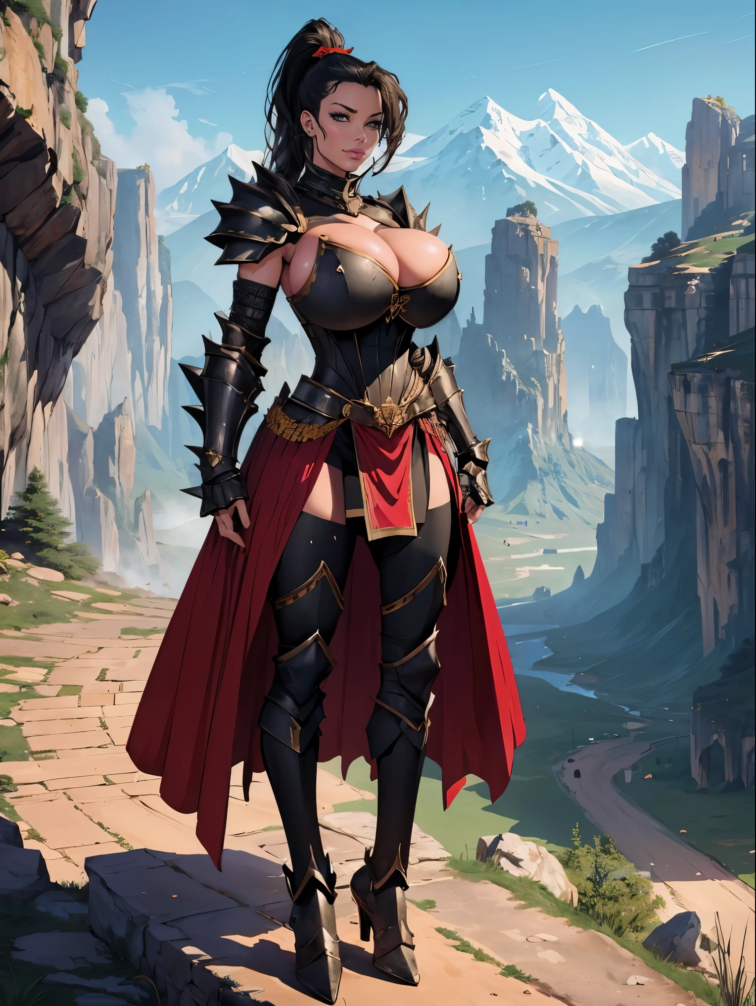 (masterpiece, top quality, best quality, official art, beautiful and aesthetic:1.2), (1girl:1.3), ((Sharp facial features, sharp features, hawkish features)), ((big hair, long black hair, ponytail)), big tiddy chaos warrior girl, extremely detailed, portrait, looking at viewer, solo, (full body:0.6), detailed background, full-body shot, (hot desert mountain theme:1.1), chaos warrior, (spiky helmet), charlatan, smirk, mysterious, swaying in mountains, armor, red metal, brass trim, long boots, dual axes, blood red fabric, pelvic curtain, loincloth, black leather, ((((heavy armor, blood, armored, gigantic breasts, long legs, pelvic curtain, toned, muscular)))), cute belly button, toned tummy, slim waist, slim hips, long legs, medieval (mountain exterior:1.1) background, dark mysterious lighting, shadows, magical atmosphere, dutch angle