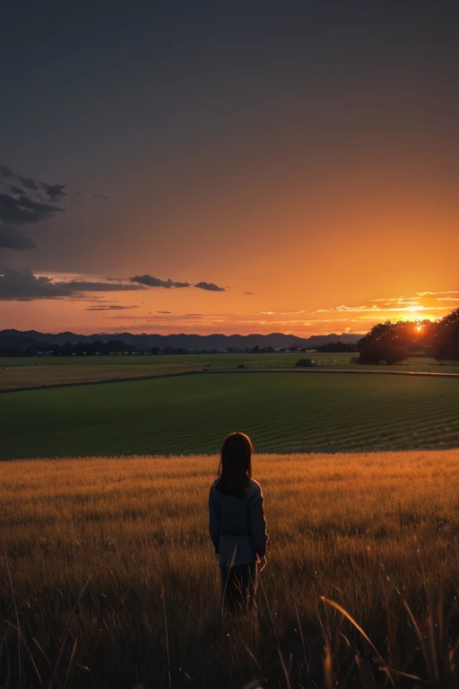 highest quality、Standing alone in the grass at dusk、Orange sky、Lonely atmosphere、melancholy