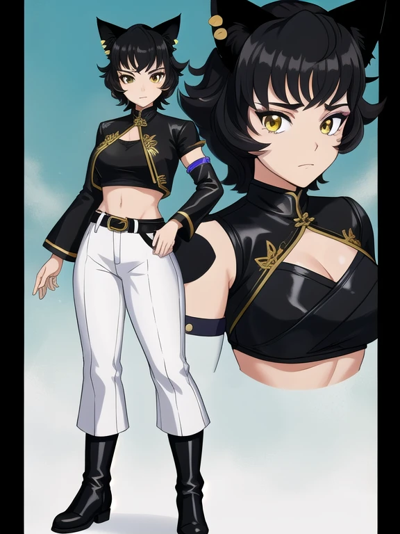 8k, highly detailed, kali belladonna, (Wearing: black crop-top, white belt, black leather pants, thick black boots), confused, looking at viewer, full body shot