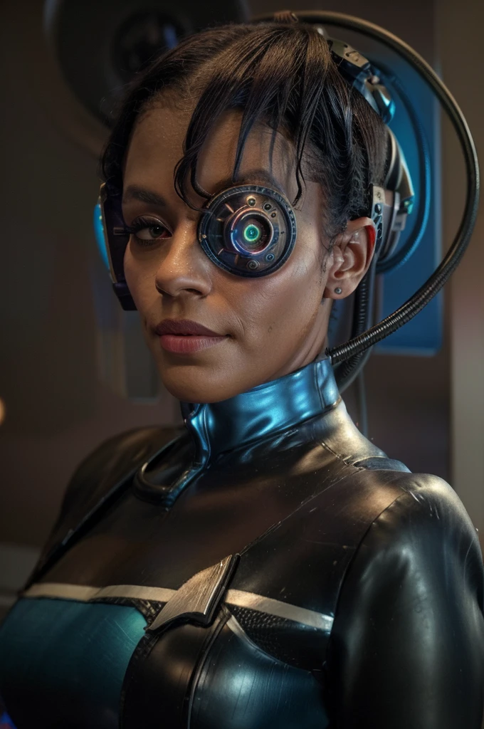 Black woman wearing blue sttldunf uniform,veins,borg,eyepatch,cable,luma,rosalina,detailed face,detailed eyes,detailed lips,metal texture,sci-fi,glowing lights
jamesdaly artstyle,