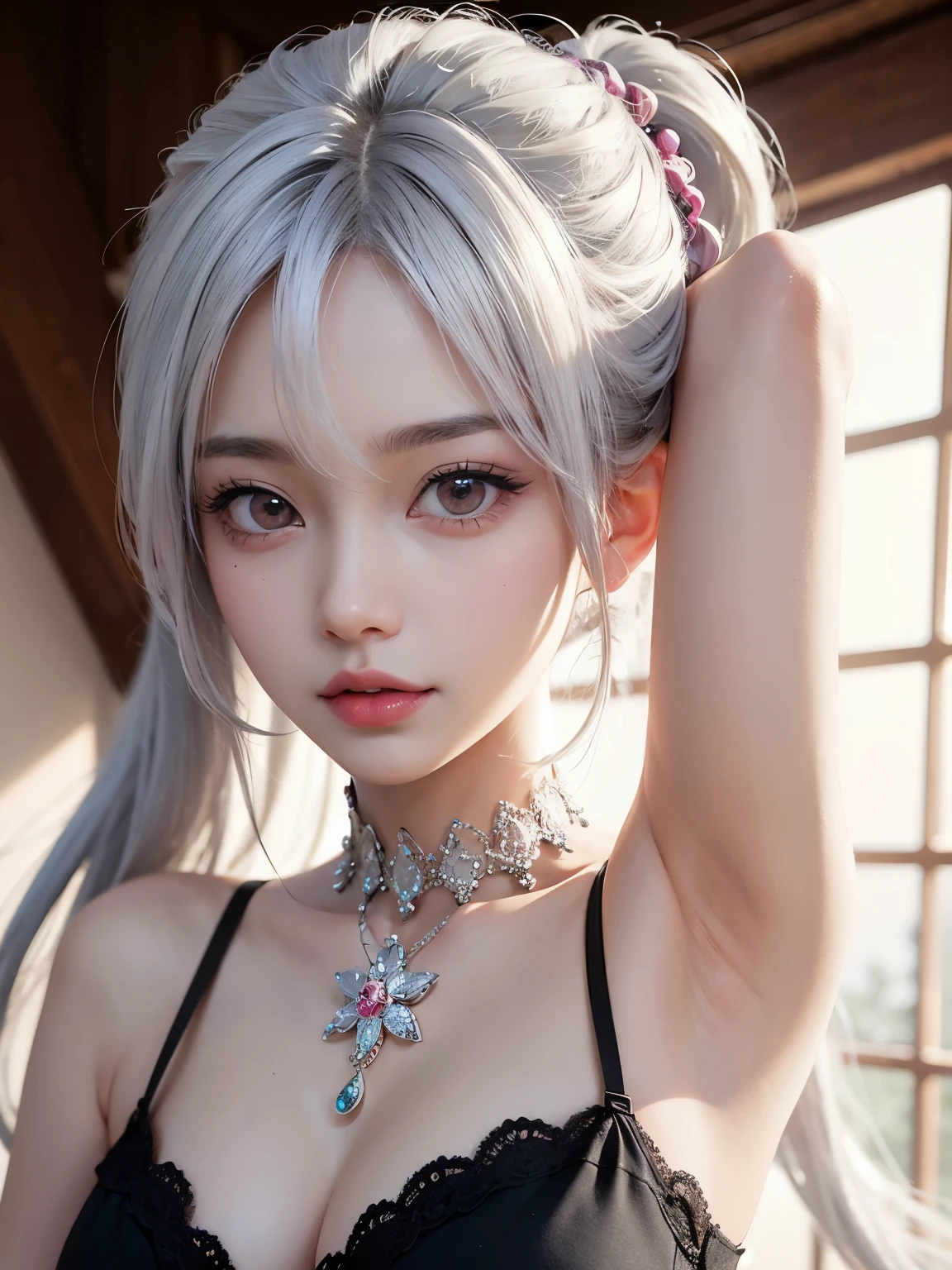 ((best quality)), ((masterpiece)), (detailed), perfect face. White hair. Ponytail. Anime girl. Asian girl. Pink eyes. Ulzzang. Armpit.