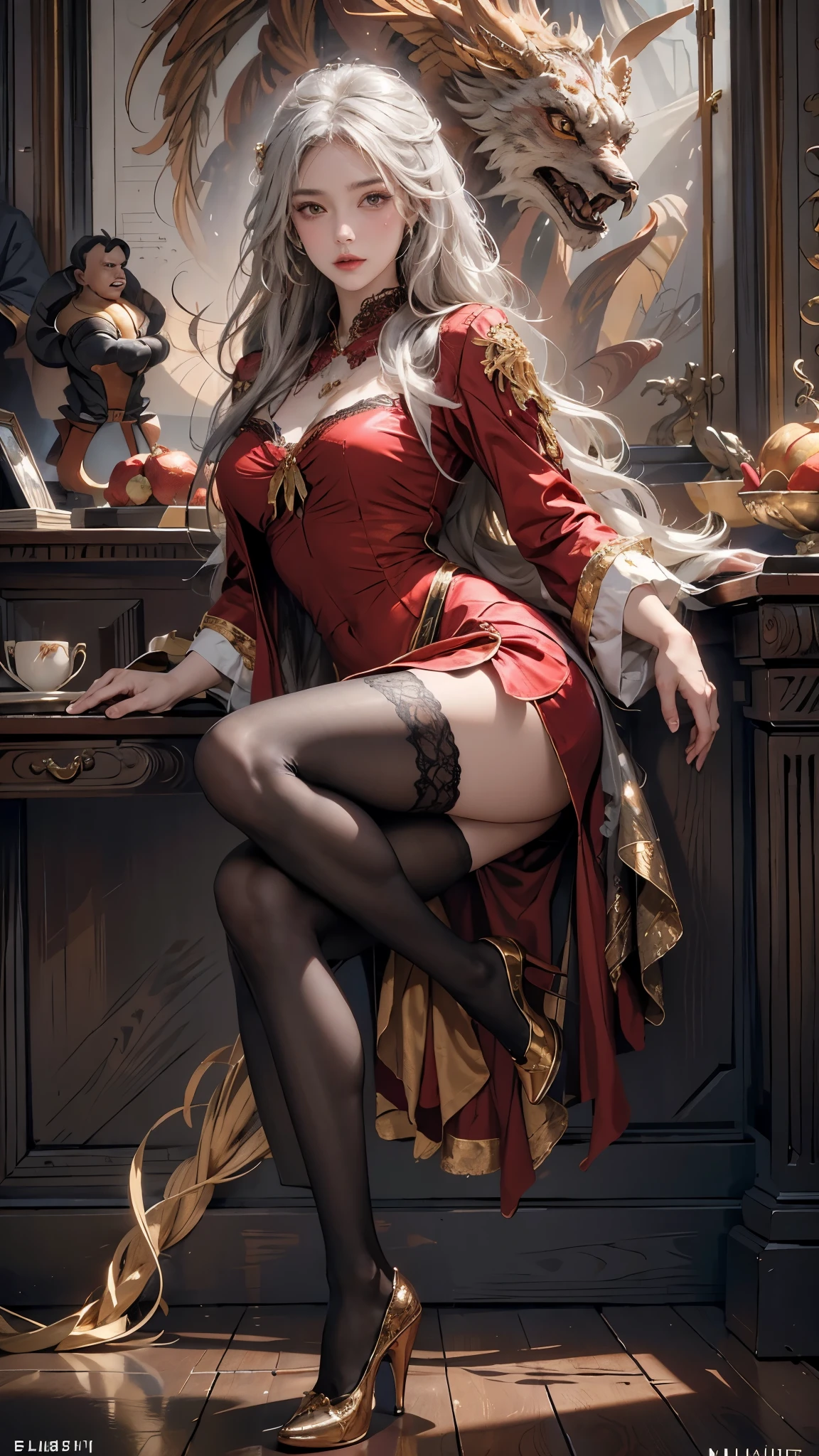 ((Masterpiece, Highest quality)), Detailed face, CharacterDesignSheet，full bodyesbian, Full of details, Multiple poses and expressions, Highly detailed, Depth, Many parts，beuaty girl，cinmatic lighting，with light glowing，Red and gold，Phoenix decoration，light yarn，Lace，lacepantyhose，high-heels