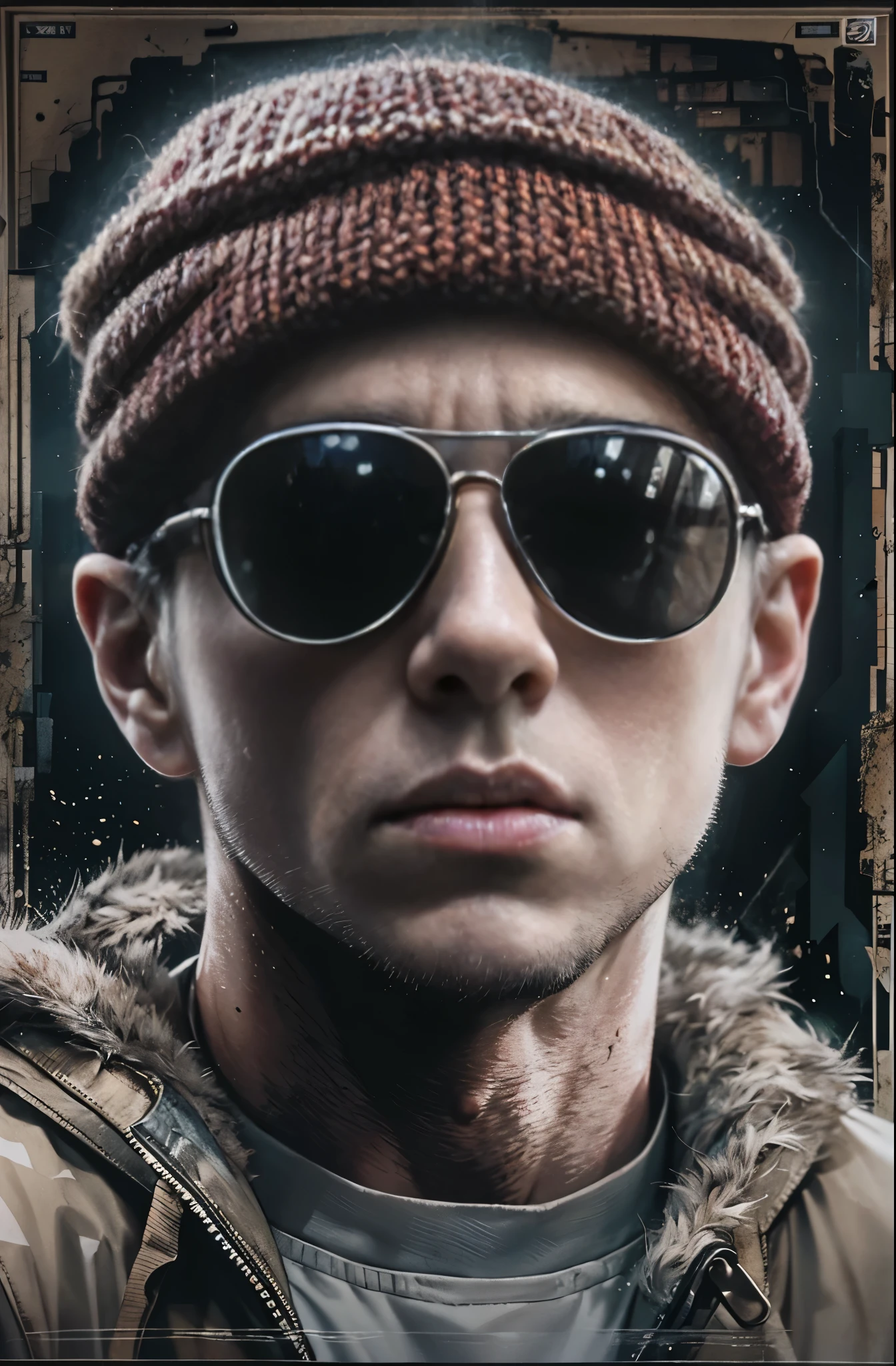 Painting of a white man wearing sunglasses, Dark Background, Knitted hat, Glory and failure, Cigarette in mouth, Eminem, King of Hip Hop, Charismatic Rapper, lose youqself, Award-winning films, top 6 best movie ever imdb list, imdb, 0 0 second movies, promotional Movie Posters, chris nolan movies, Movie Posters promo, Movie Posters, bestselling Movie Posters, top 6 worst movie ever imdb list, Eminem, Promoting the film, Cool Street Fashion, King of the Streets, Check it out, Ultra-detailed paintings inspired by Wow, Art Station Trends, Fantasy art, A complex mess, The art of hitting, Wallop Art, Wow |, Wallop Style, Beautiful character drawings, Urop's painting style, Wow | The buds of art, Unparalleled Beauty Tumbler, Figurative art, Intense oil painting, Detailed monochrome art, Surreal, Avant-garde pop art, Beautiful and expressive paintings, Beautiful artwork illustration, Very dark tones, wonderful, Super Cool Guy, masterpiece, highest quality, Official Art, Men only, Sharp contours, Best Shot, Vector art, Dark Design, Close-up