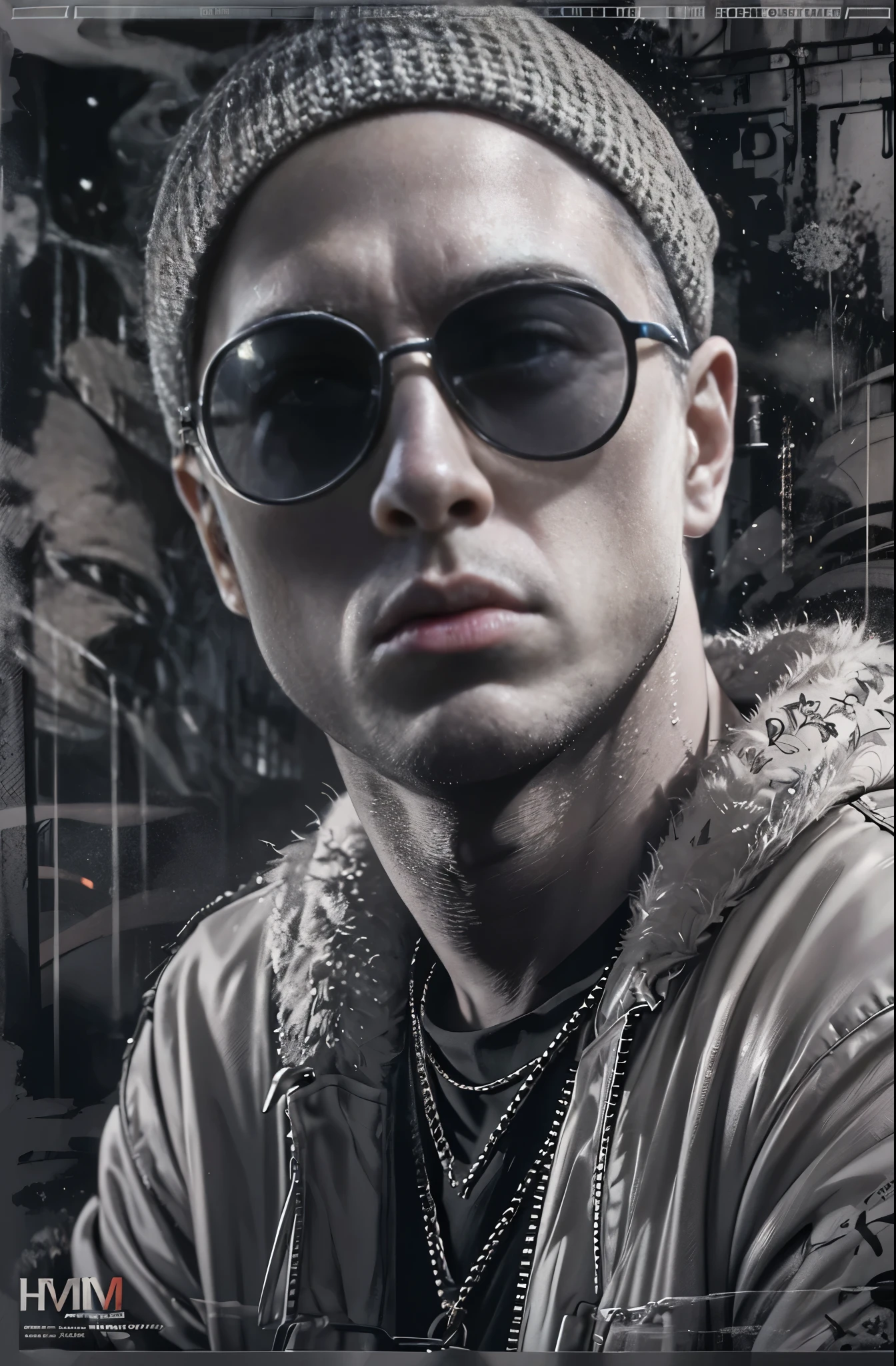 Painting of a white man wearing sunglasses, monochrome, Dark Background, Knitted hat, Glory and failure, Cigarette in mouth, Eminem, King of Hip Hop, Charismatic Rapper, lose youqself, Award-winning films, top 6 best movie ever imdb list, imdb, 0 0 second movies, promotional Movie Posters, chris nolan movies, Movie Posters promo, Movie Posters, bestselling Movie Posters, top 6 worst movie ever imdb list, Eminem, Promoting the film, Cool Street Fashion, King of the Streets, Check it out, Ultra-detailed paintings inspired by Wow, Art Station Trends, Fantasy art, A complex mess, The art of hitting, Wallop Art, Wow |, Wallop Style, Beautiful character drawings, Urop's painting style, Wow | The buds of art, Unparalleled Beauty Tumbler, Figurative art, Intense oil painting, Detailed monochrome art, Surreal, Avant-garde pop art, Beautiful and expressive paintings, Beautiful artwork illustration, Very dark tones, wonderful, Super Cool Guy, masterpiece, highest quality, Official Art, Men only, Sharp contours, Best Shot, Vector art, Dark Design, Close-up
