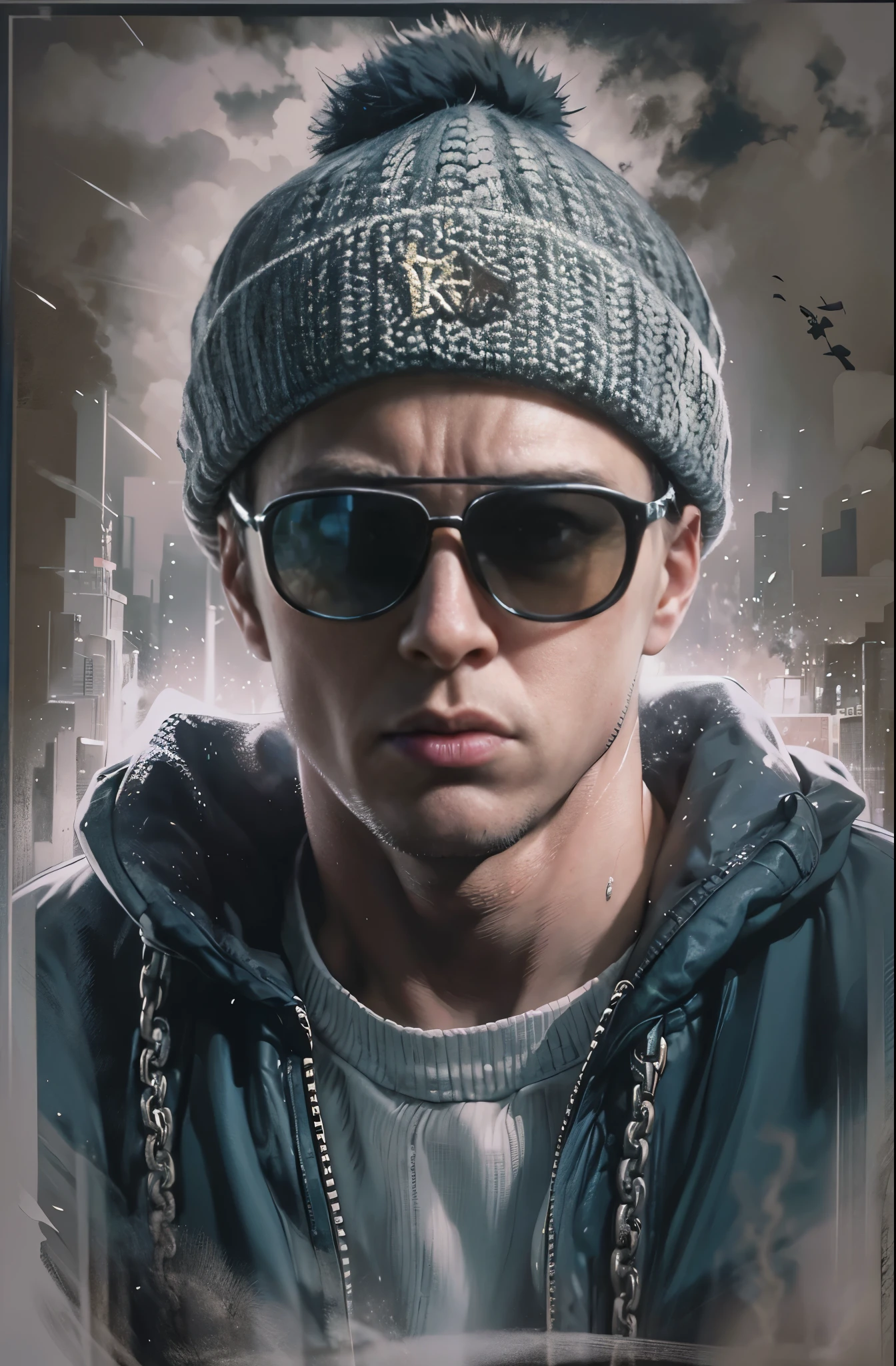 Painting of a white man wearing sunglasses, Dark Background, Knitted hat, Glory and failure, Cigarette in mouth, Eminem, King of Hip Hop, Charismatic Rapper, lose youqself, Award-winning films, top 6 best movie ever imdb list, imdb, 0 0 second movies, promotional Movie Posters, chris nolan movies, Movie Posters promo, Movie Posters, bestselling Movie Posters, top 6 worst movie ever imdb list, Eminem, Promoting the film, Cool Street Fashion, King of the Streets, Check it out, Ultra-detailed paintings inspired by Wow, Art Station Trends, Fantasy art, A complex mess, The art of hitting, Wallop Art, Wow |, Wallop Style, Beautiful character drawings, Urop's painting style, Wow | The buds of art, Unparalleled Beauty Tumbler, Figurative art, Intense oil painting, Detailed monochrome art, Surreal, Avant-garde pop art, Beautiful and expressive paintings, Beautiful artwork illustration, Very dark tones, wonderful, Super Cool Guy, masterpiece, highest quality, Official Art, Men only, Sharp contours, Best Shot, Vector art, Dark Design, Close-up