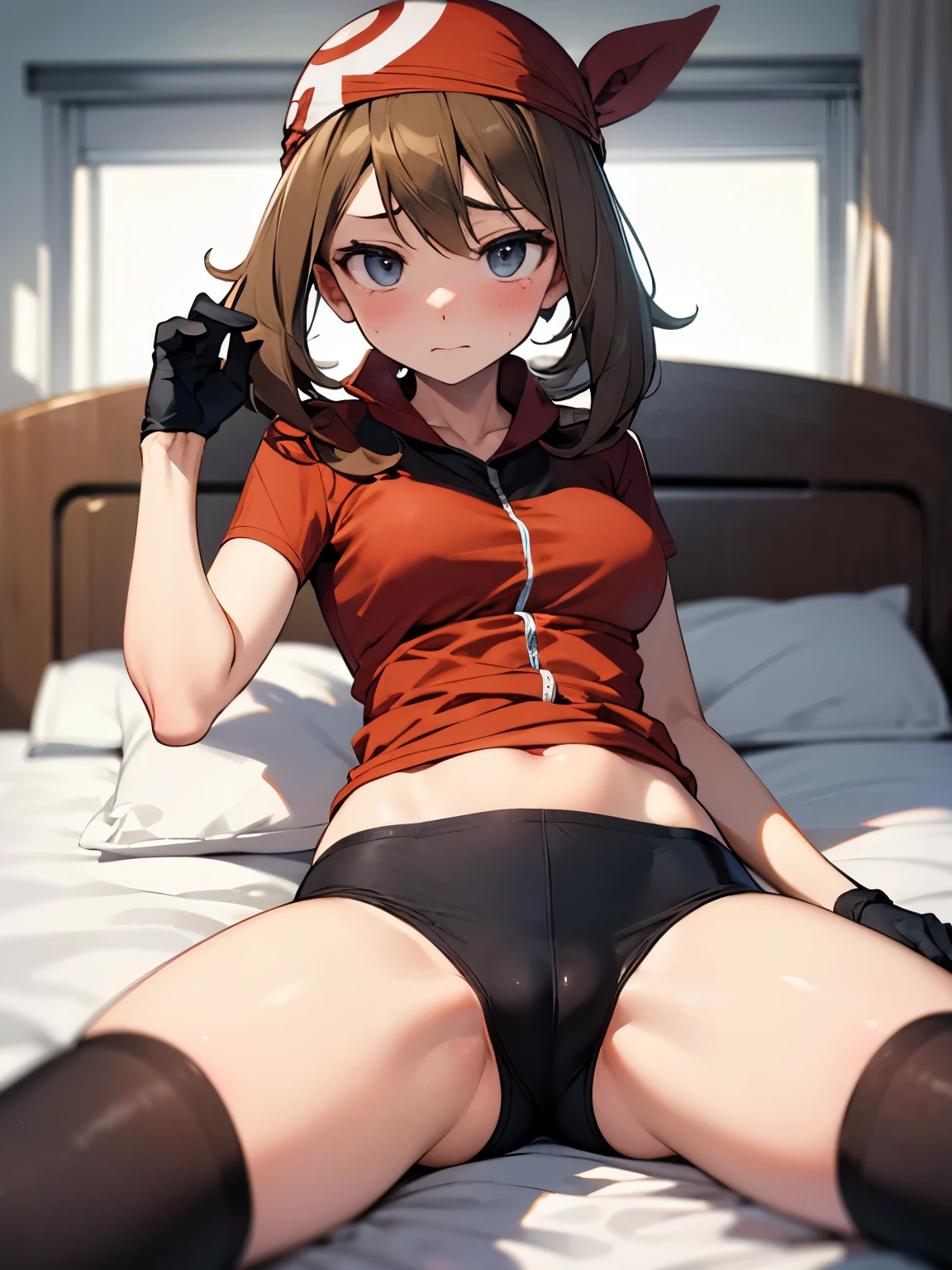 NSFW,Might be, shirt, Bike Shorts, bandana, 赤のshirt, hair band, Medium Hair, gloves, 弓のhair band, No sleeve, 赤いbandana,Streaks,Embarrassed,blush,In heat,A wistful look,I feel pleasure,(Perfect hands),(Perfect Anatomy),(masterpiece),(highest quality),hospital,Hospital room,Leg spread,Lying on your back